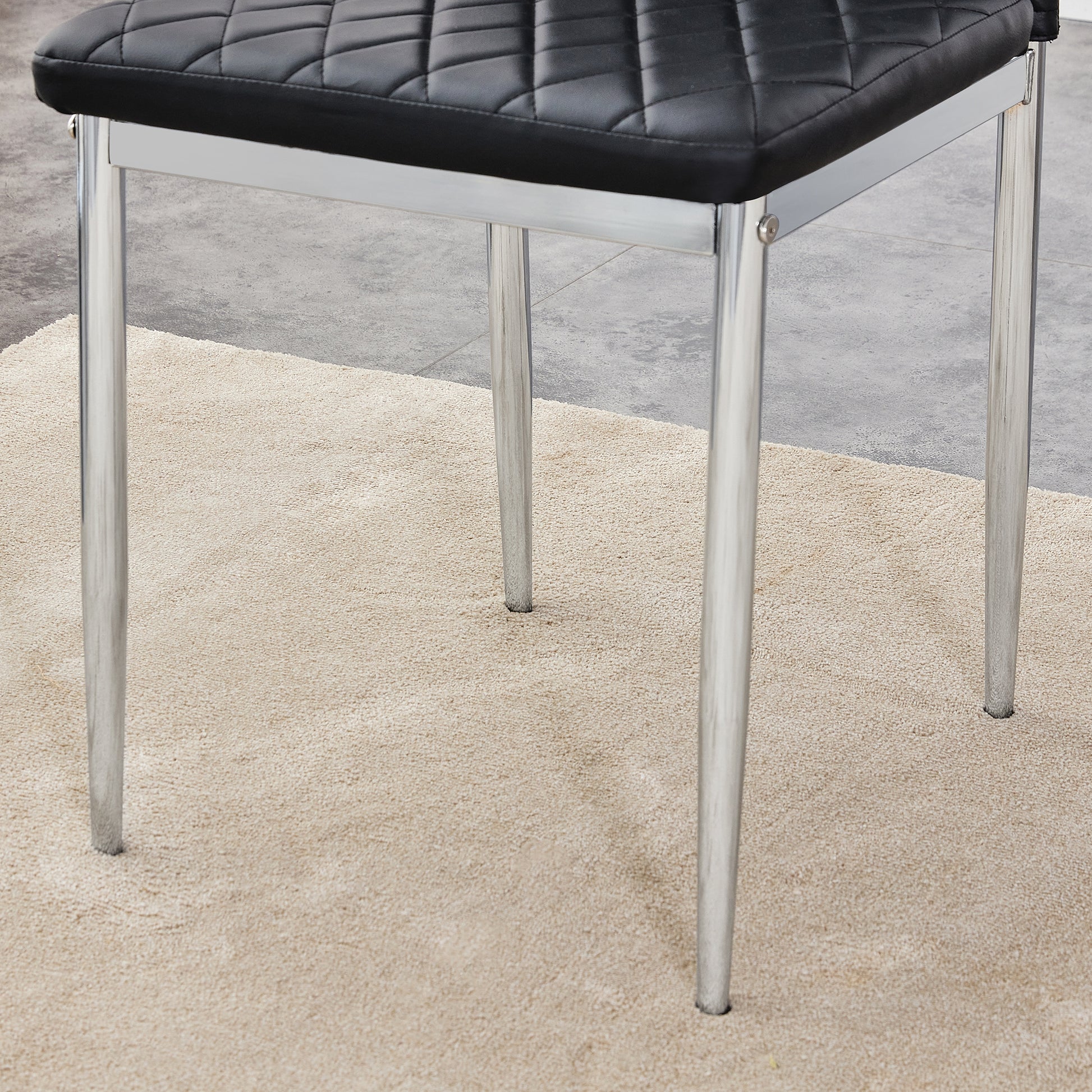 Table And Chair Set.Large Modern Rectangular Table With Brown Glass Top And Silver Metal Legs. Paired With 4 Black Chairs With Checkered Armless High Back Pu Cushion And Silver Metal Legs. Black,Silver Seats 4 Glass Metal