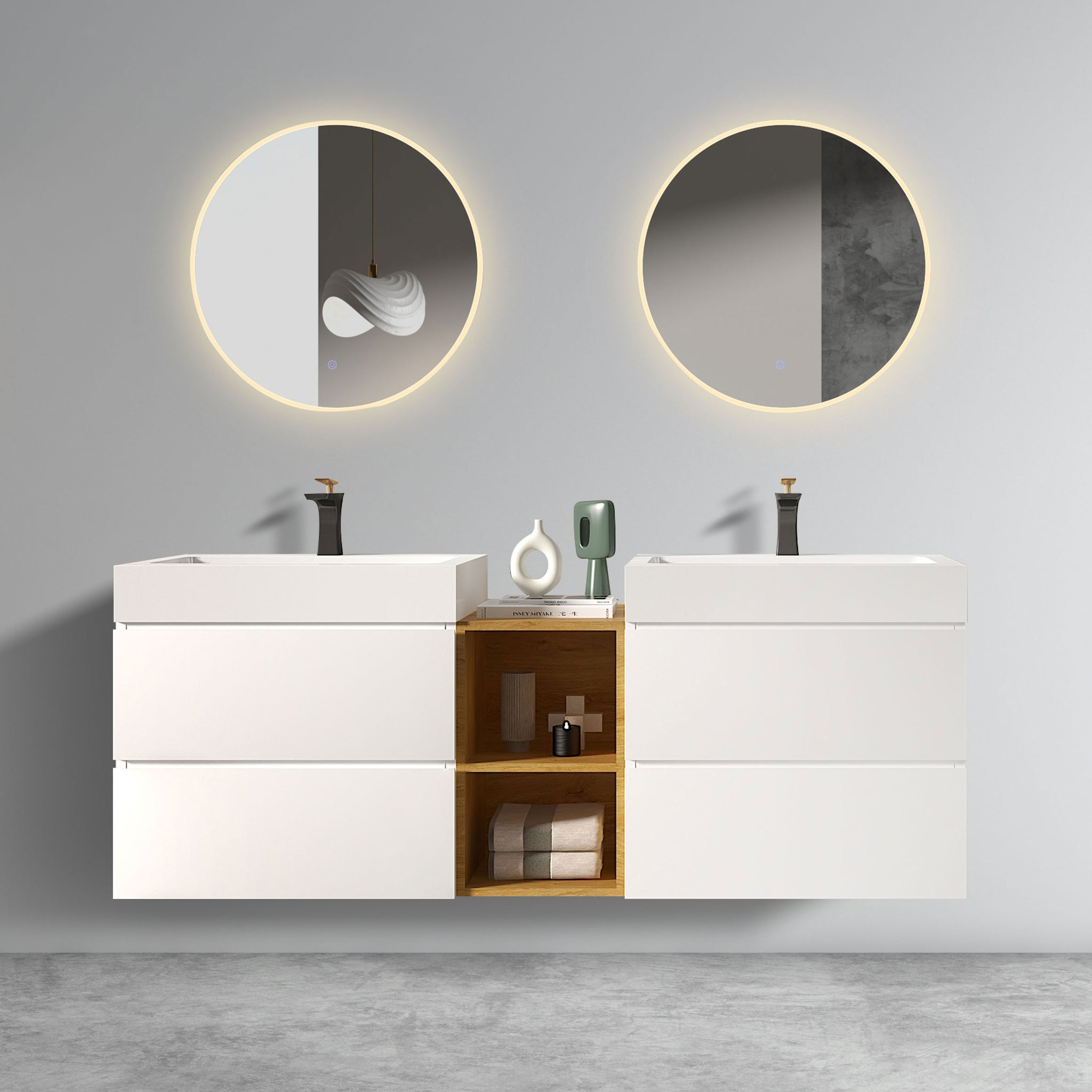 U063 Alice72W 201 Alice 72" White Bathroom Vanity With Double Sinks And Open Shelf, Modern Wall Mounted Floating Bathroom Vanity, One Piece Sink Basin Without Drain And Faucet White Bathroom Modern Mdf Mdf