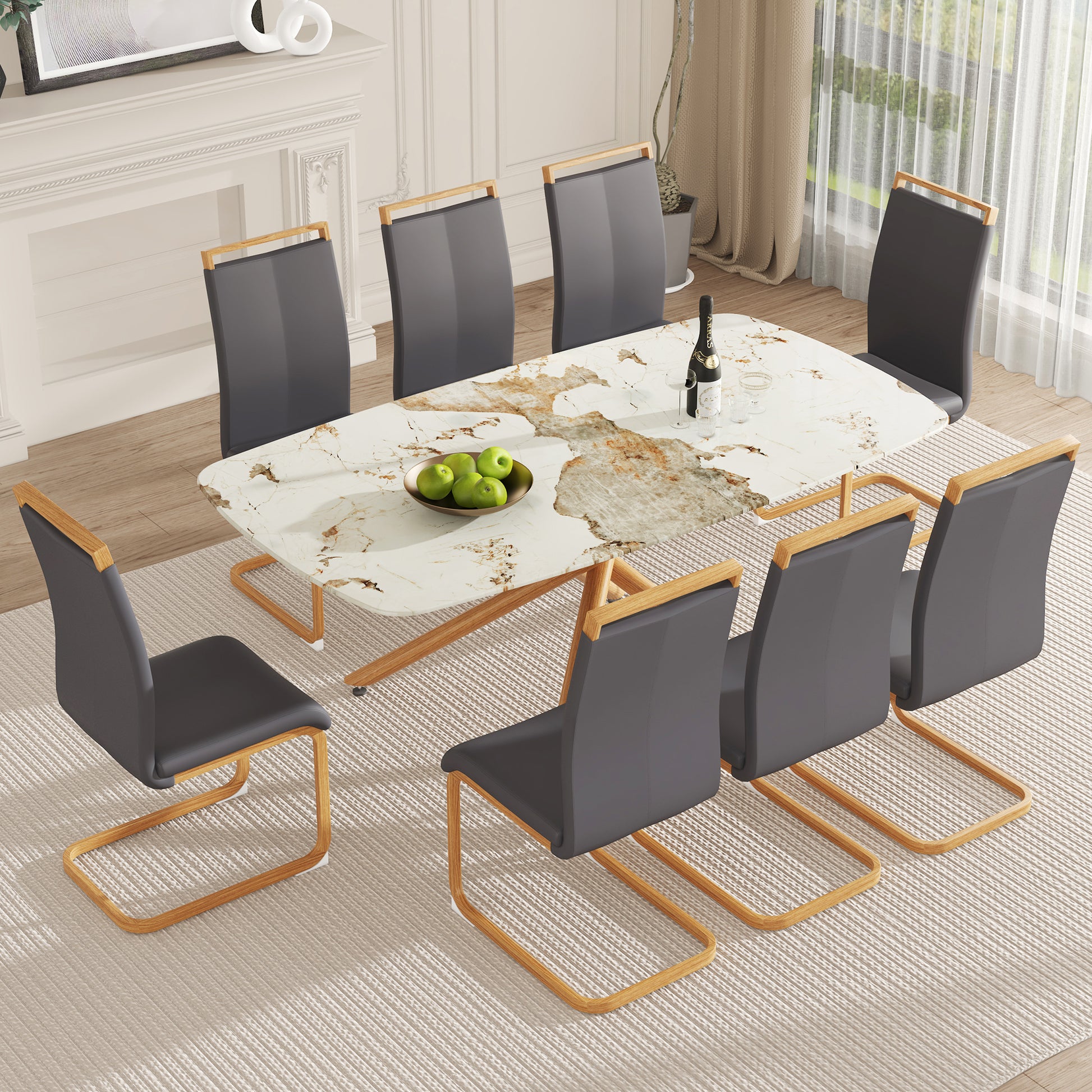 Table And Chair Set, Large Modern Minimalist Rectangular Dining Table, 0.39 Inch Imitation Marble Countertop, Wood Metal Table Legs, Comfortable And Soft Seats. Wood Glass Metal