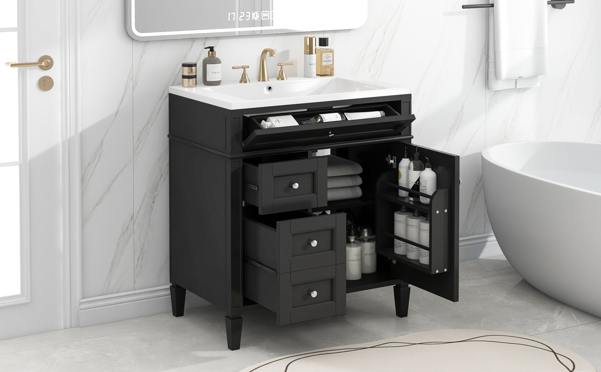 30'' Bathroom Vanity With Top Sink, Modern Bathroom Storage Cabinet With 2 Drawers And A Tip Out Drawer, Single Sink Bathroom Vanity Black Bathroom Solid Wood Mdf