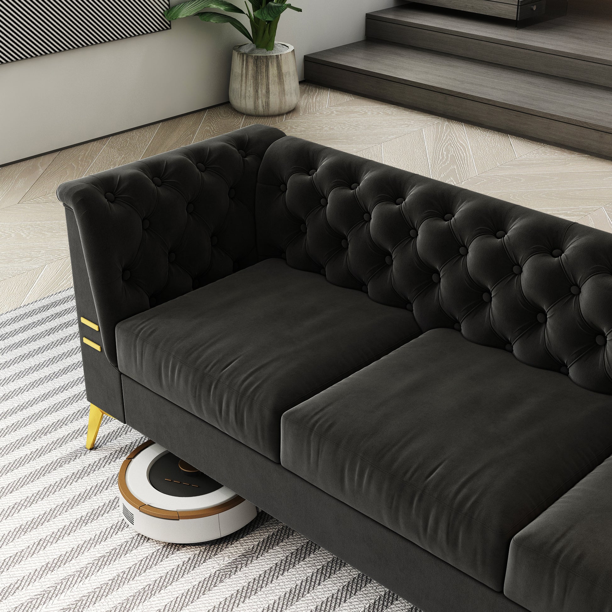 Fx P83 Bk2 Sofa Luxurious Black Velvet Sofa With Gold Legs Modern Chesterfield Design, Tufted Upholstery, 3 Seat Couch For Living Room And Office Black Velvet 3 Seat