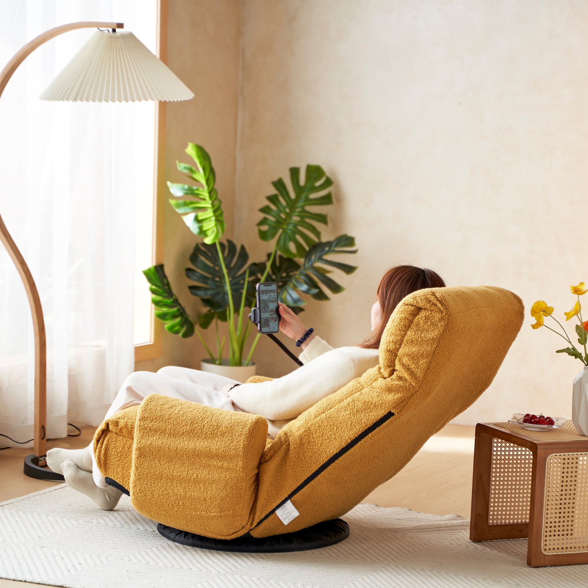 Adjustable Head And Waist, Game Chair, Lounge Chair In The Living Room, 360 Degree Rotatable Sofa Chair,Rotatable Seat Leisure Chair Deck Chair Yellow Metal Soft Cotton Metal