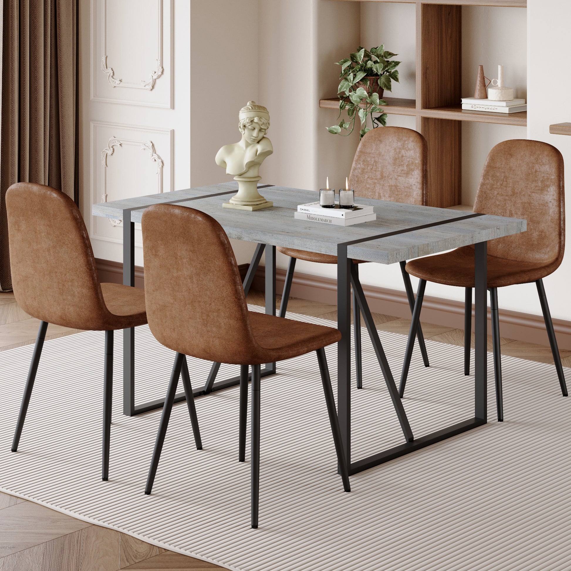 Table And Chair Set. A Minimalist Retro Rectangular Dining Table With A Specially Textured Top And Black Metal Legs, Paired With 4 Soft Chairs And Black Metal Legs, Showcases A Beautiful Home Style.