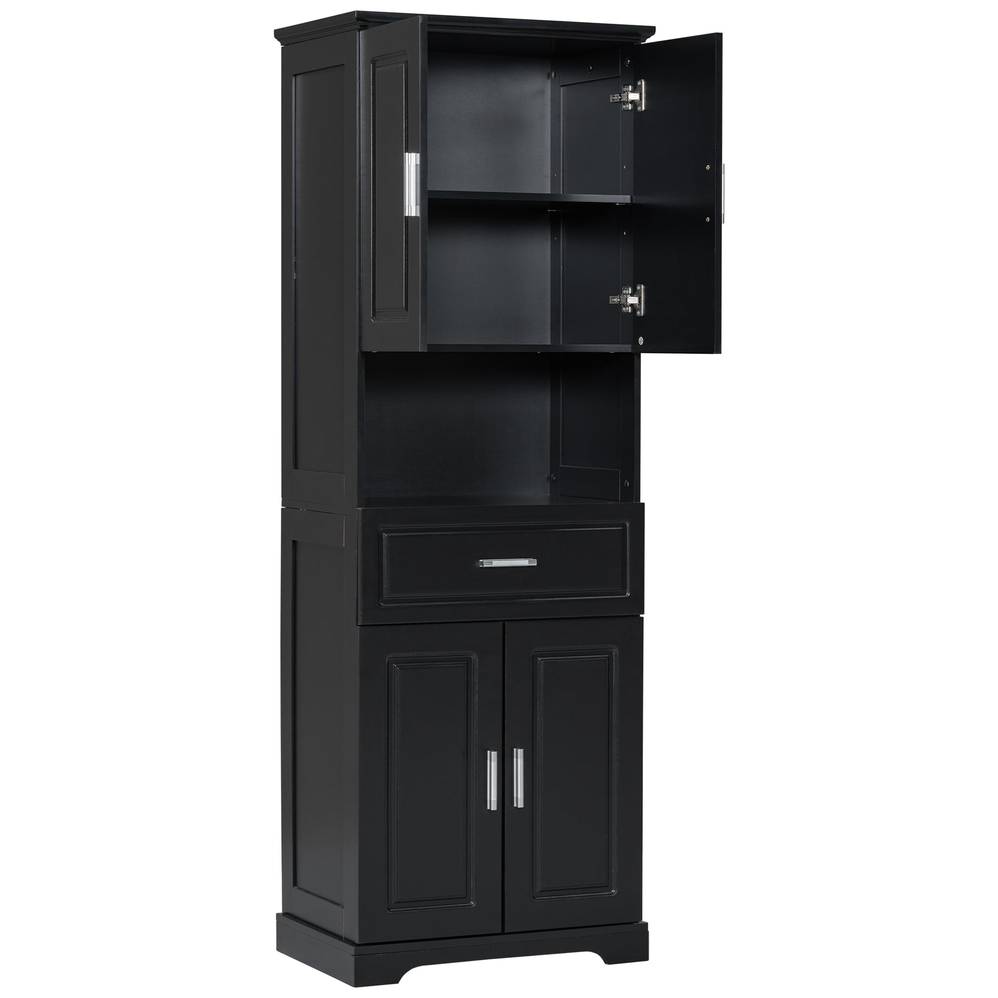 Tall Bathroom Cabinet With Four Doors, Large Storage Space Open Shelve, Upper Storage Cabinet, Black Black Mdf