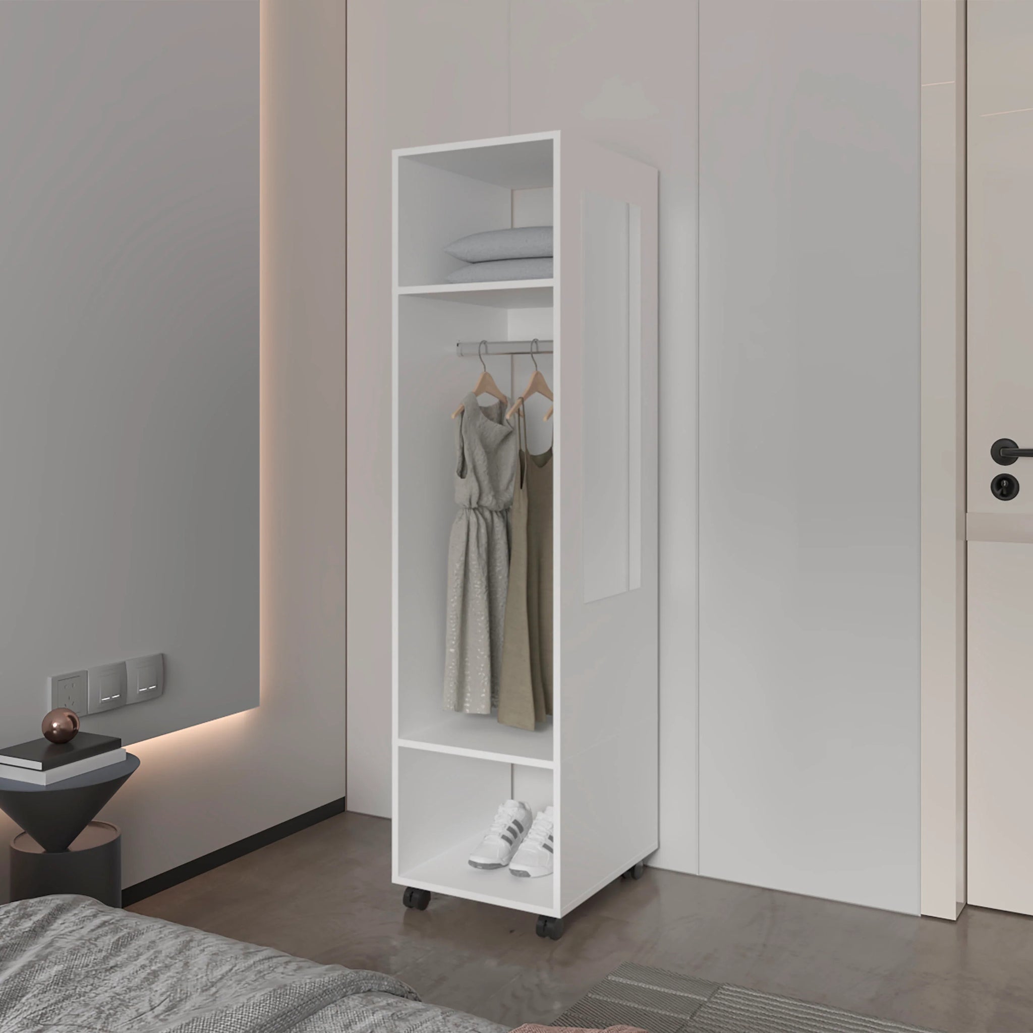 White 3 Shelf Wardrobe With Mirror And Open Storage White Particle Board Melamine