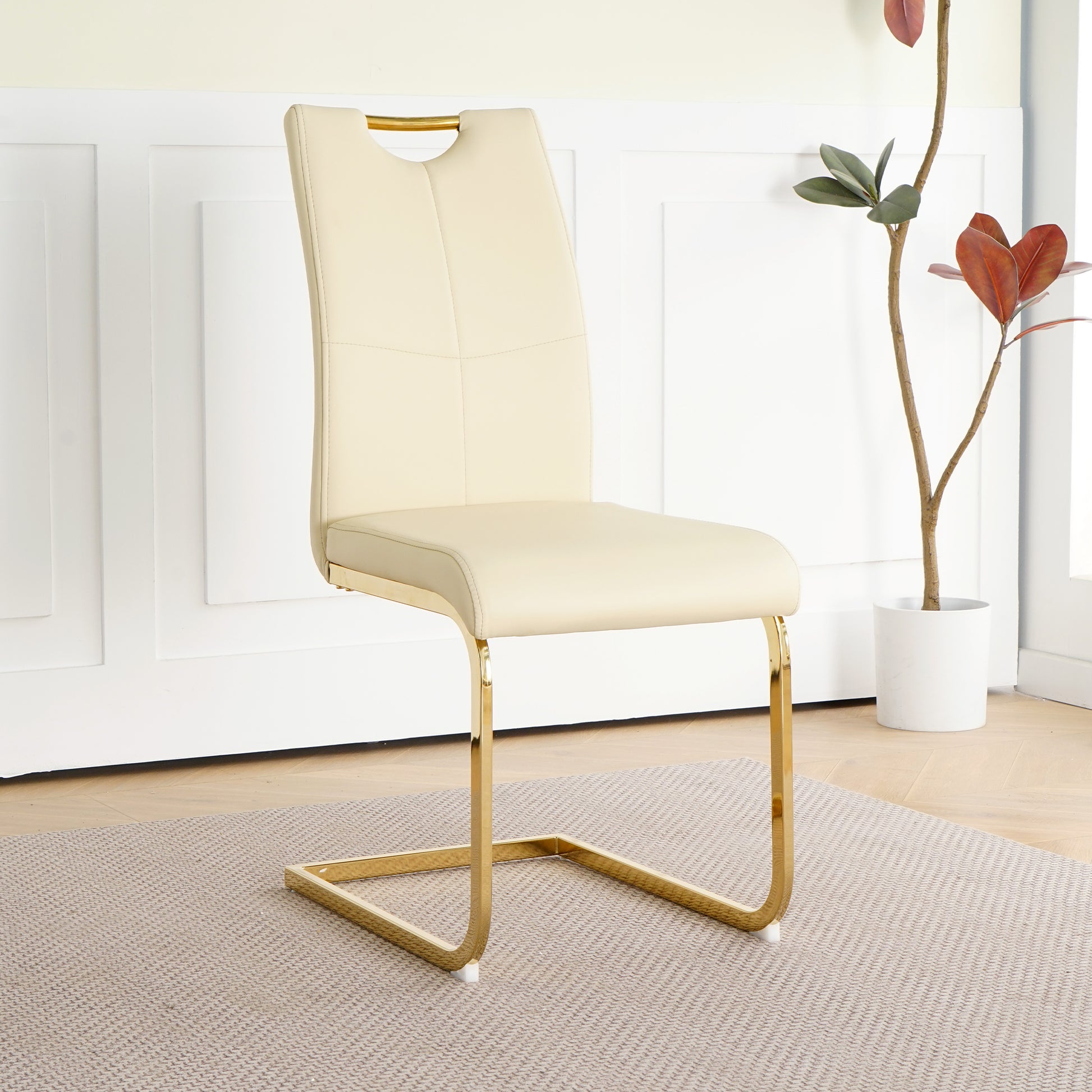 Modern Style Glass Dining Table With Elegant Transparent Design, Solid Support Base, Pale Yellow Dining Chair Set With Gold Plated Legs, Suitable For Restaurant Kitchens Set Of 7 Yellow Glass