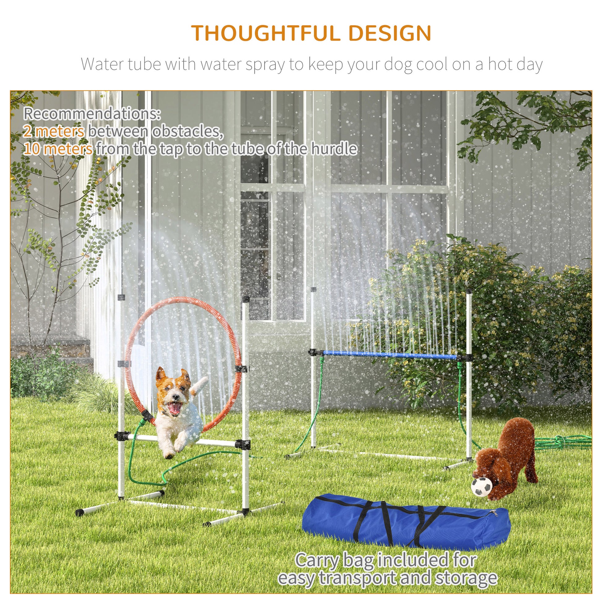 Pawhut 3 Piece Dog Agility Training Equipment Set, Dog Obstacle Course With Adjustable Height Jumping Ring And Hurdle, Spray Water Tube, Carry Bag, Whistle, White White Plastic