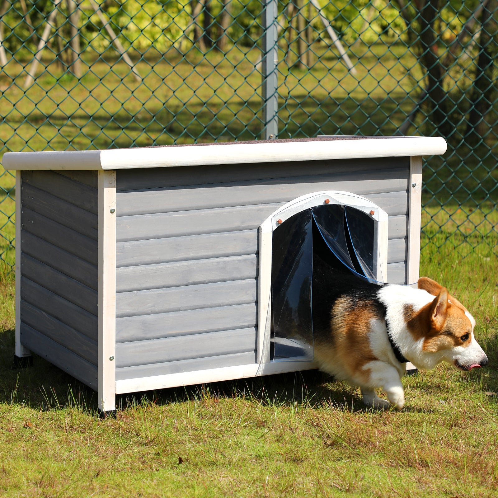 Medium Wooden Outdoor Dog House, Waterproof Roof, Elevated Floor, Adjustable Plastic Feet, Grey Grey Solid Wood