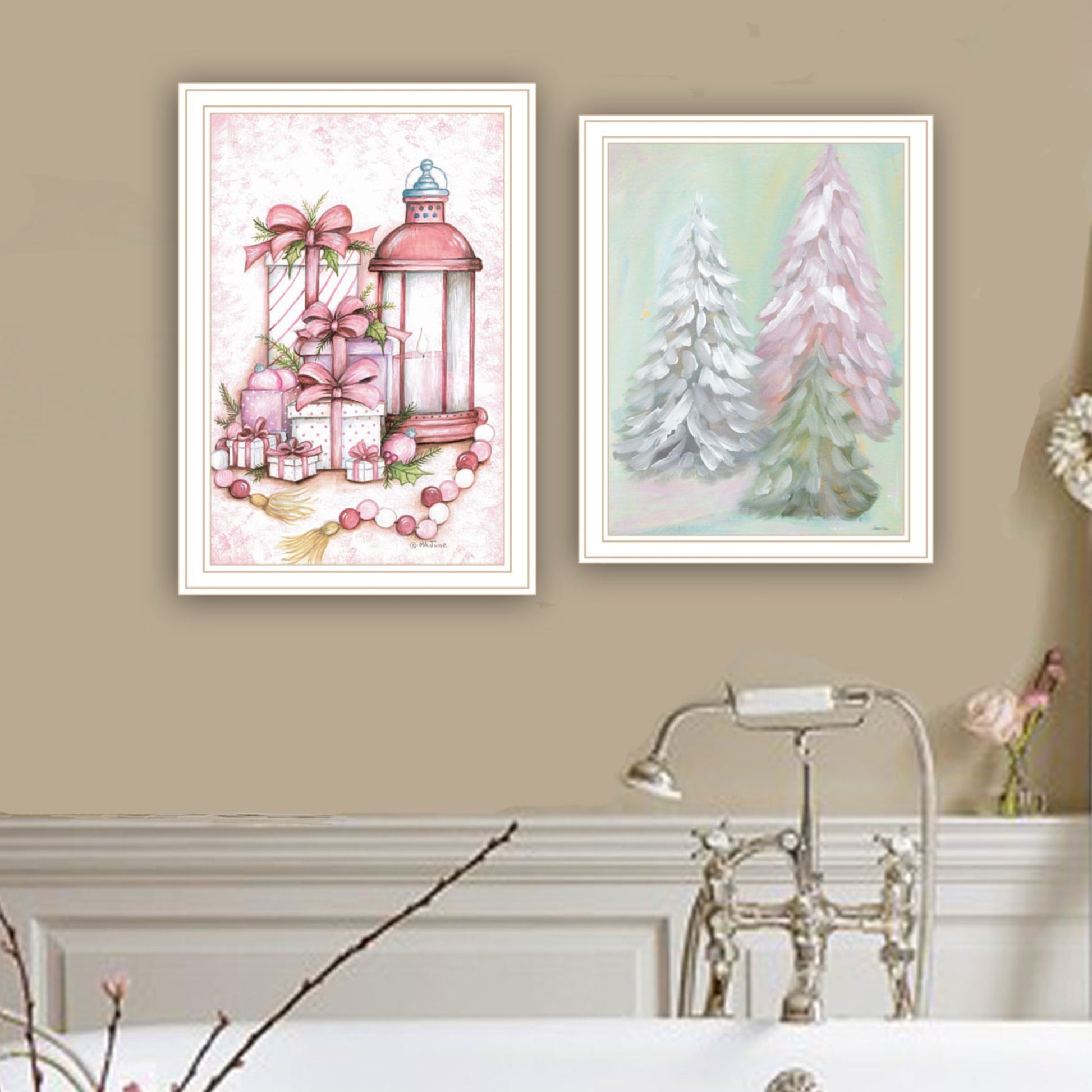2 Piece Vignette Pink Candy Land Christmas Trees White Framed Wall Art For Living Room, Bedroom Wall Art Print For Home Decor By Mary June Multi Wood Paper