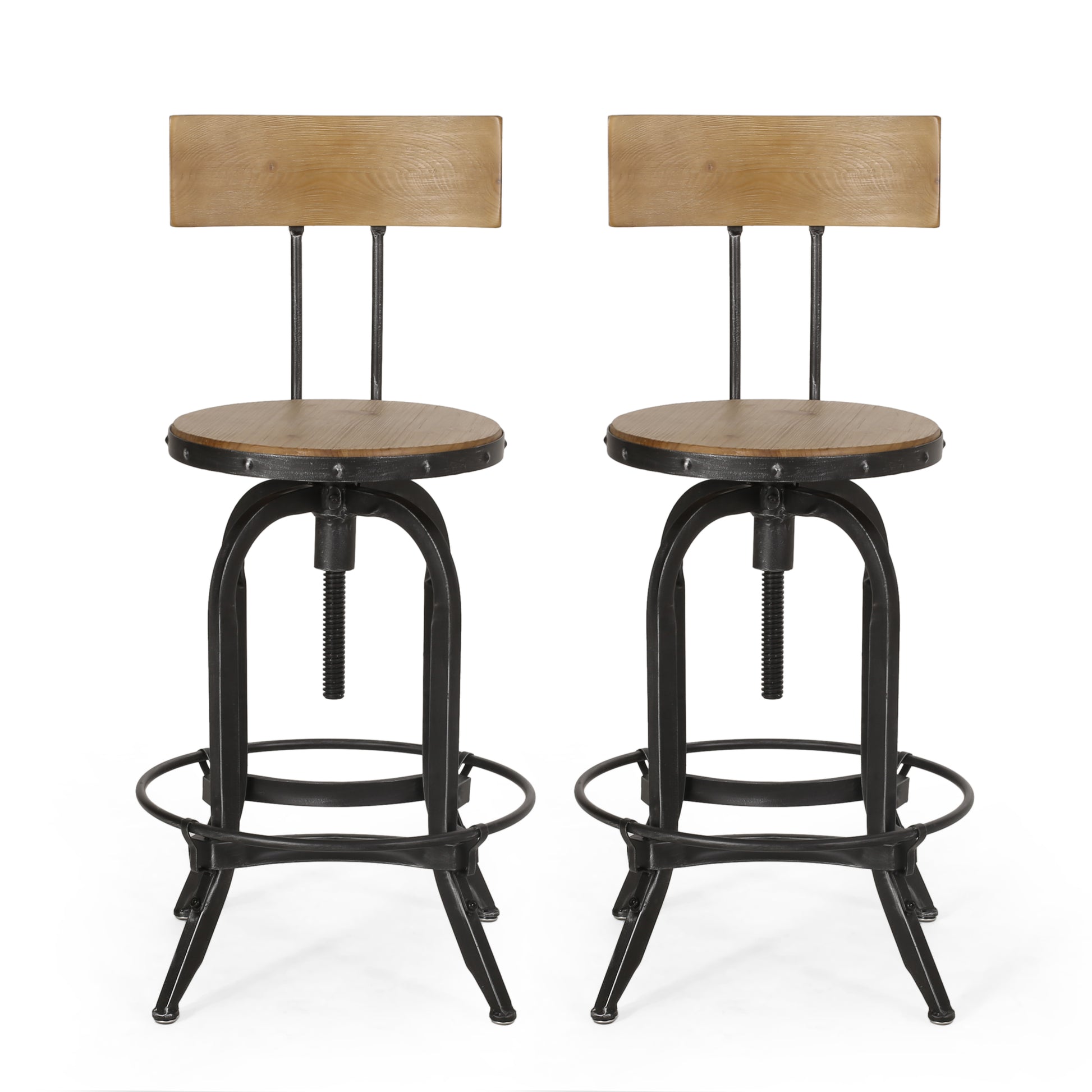 Adjustable Height Swivel Barstools With Fir Wood Set Of 2 Natural Metal & Wood