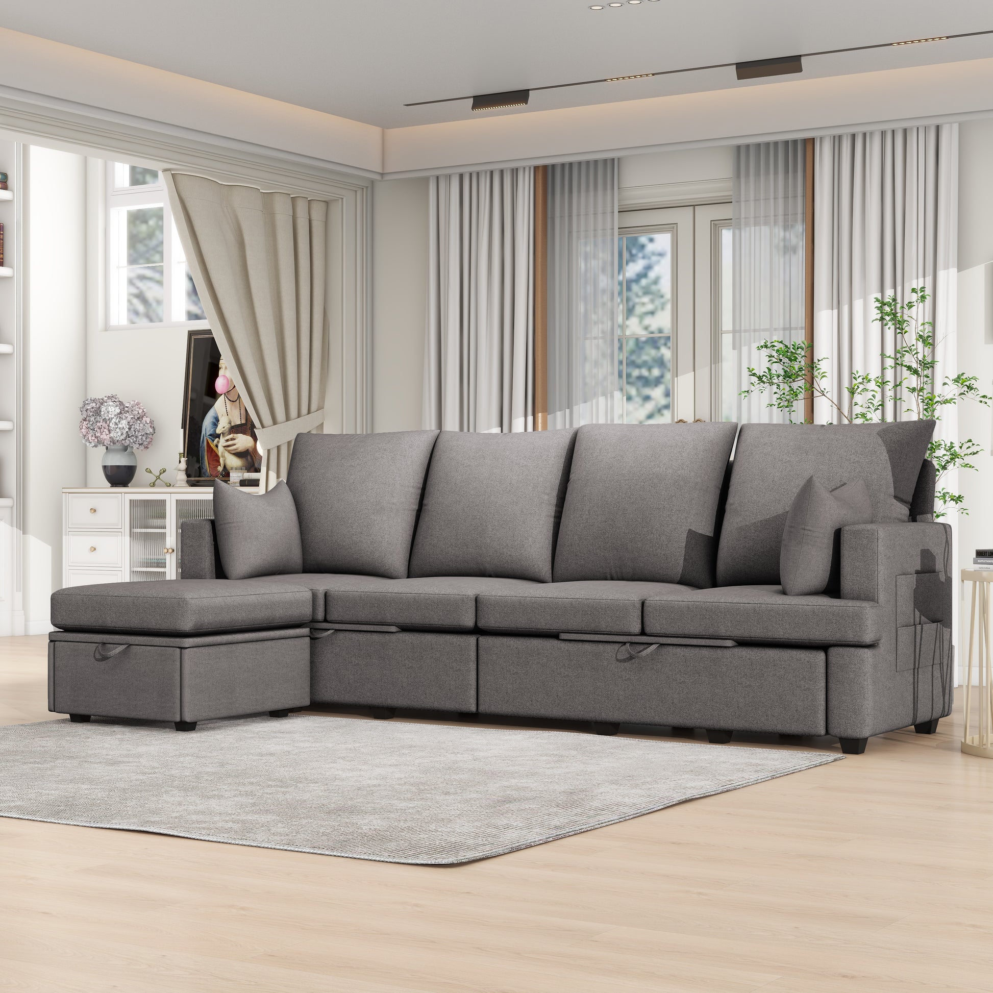 Modern L Shape Modular Sofa, 5 Seat Chenile Sectional Couch Set With 2 Pilows Lncluded, Freely Combinableindoor Funiture For Living Room,Apartment, Office, 3 Colors Dark Grey Chenille Metal Primary Living Space Medium Soft Loose Back Modern Poplar Foam