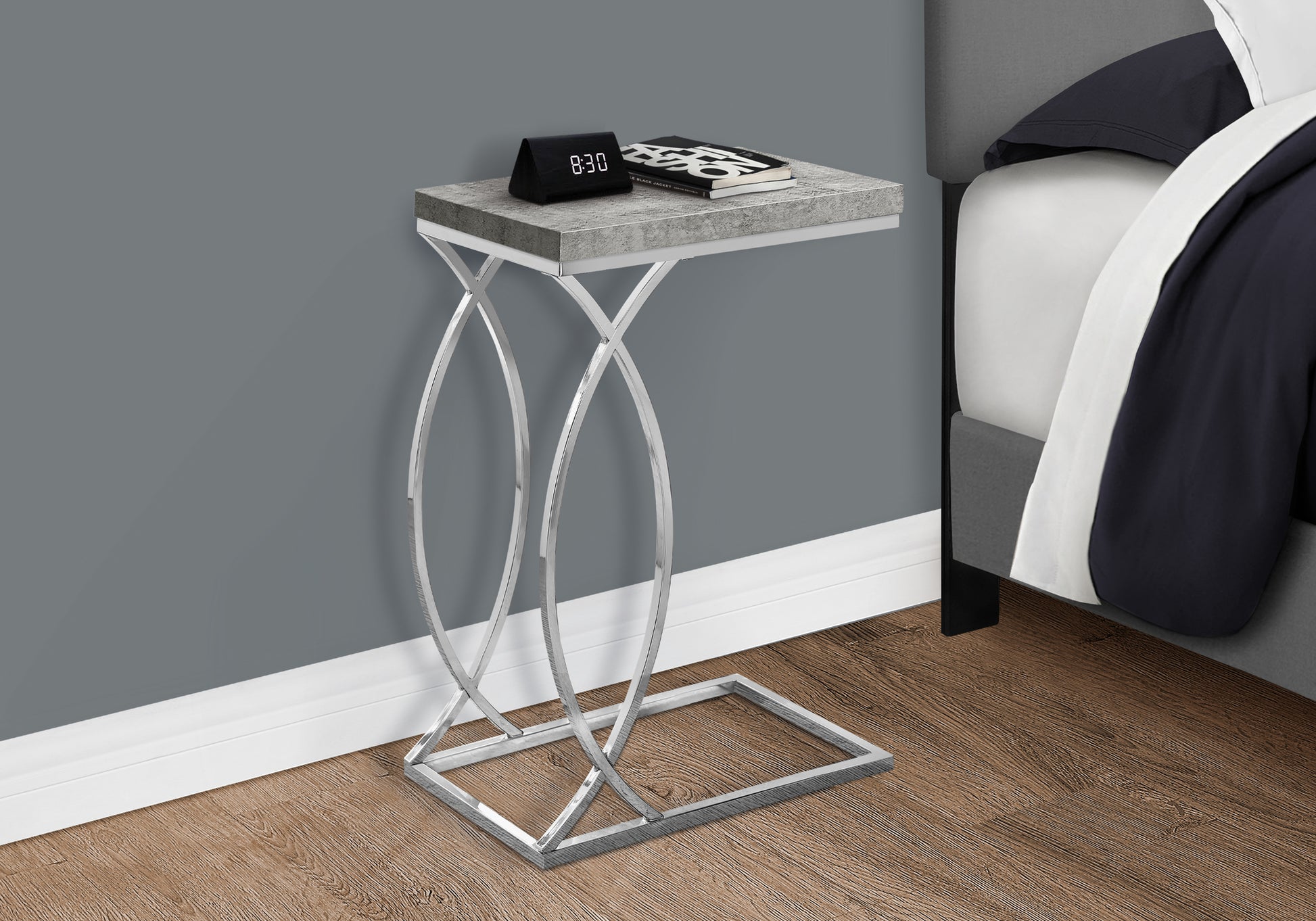 Accent Table, C Shaped, End, Side, Snack, Living Room, Bedroom, Grey Laminate, Chrome Metal, Contemporary, Modern Grey Mdf