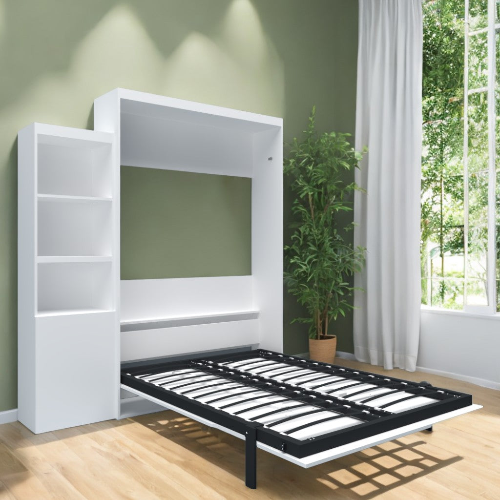 Queen Size Morden Deisgn Big Size Vertical Murphy Bed With Table And Shelf For Bedroom Or Guestroom White Wall Bed Space Saving Hidden Bed With Style Gas Struts Box Spring Not Required Queen White Metal Bedroom Murphy Plywood