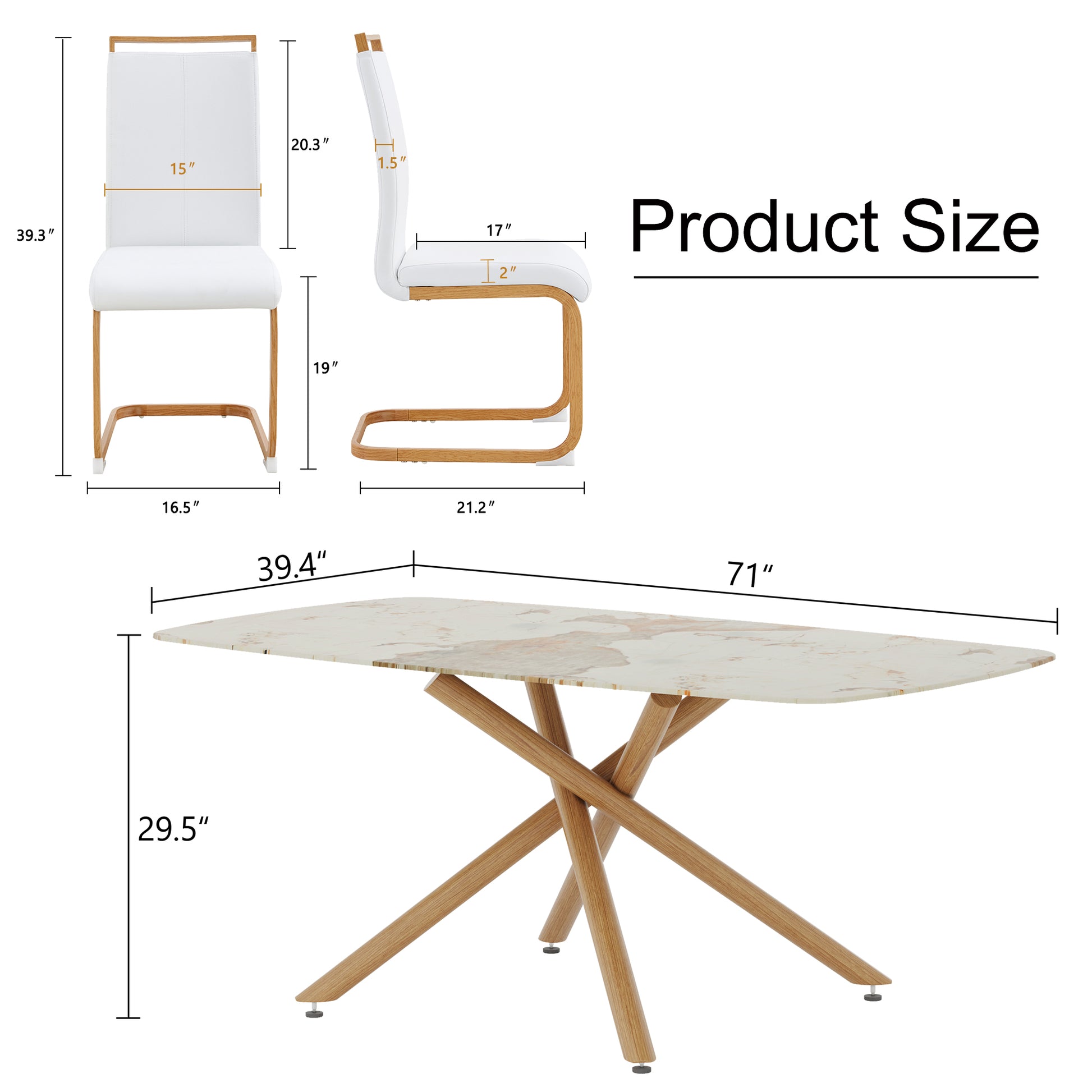 Table And Chair Set, Large Modern Minimalist Rectangular Dining Table, 0.39 Inch Imitation Marble Countertop, Wood Metal Table Legs, Comfortable And Soft Seats. Wood Glass Metal