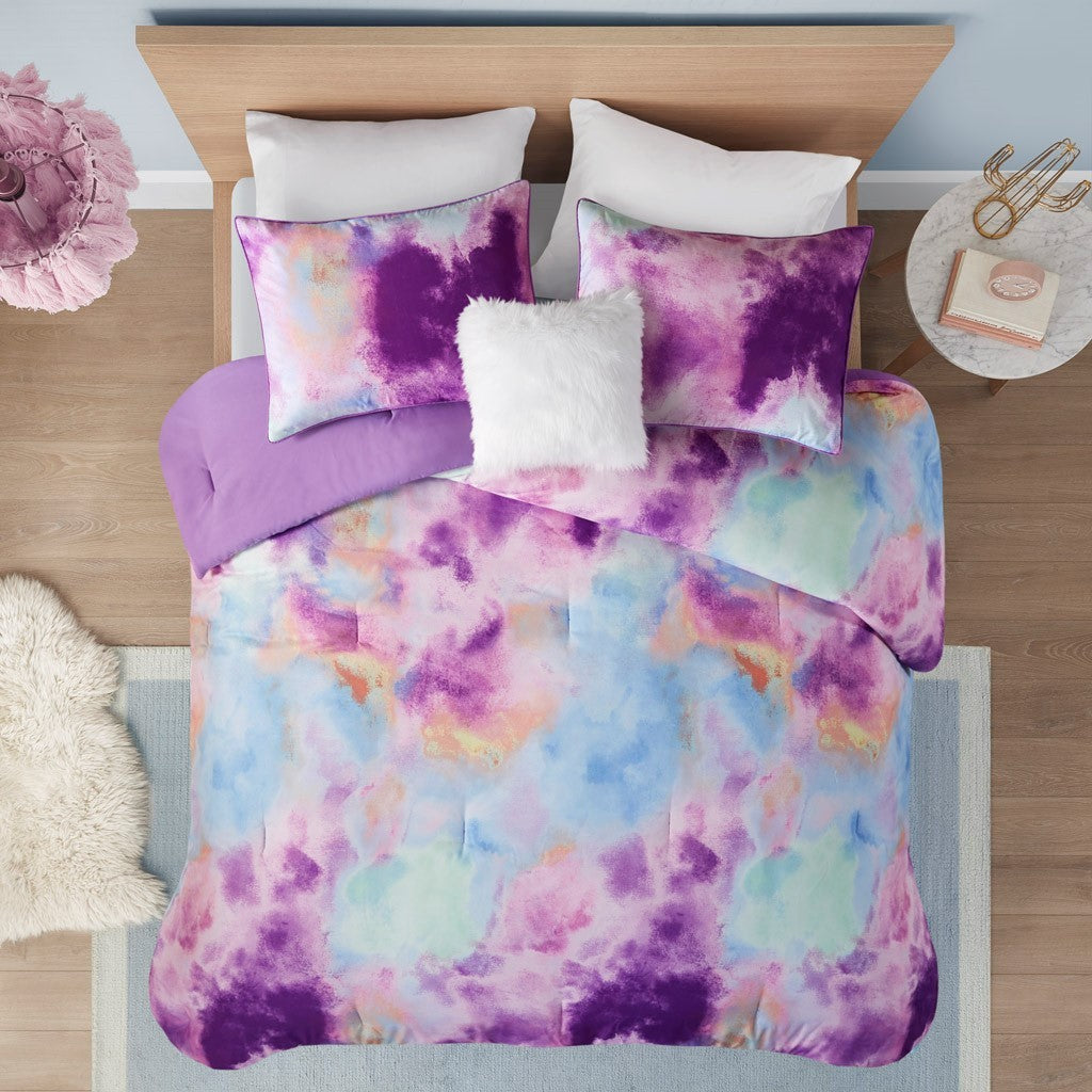 Watercolor Tie Dye Printed Comforter Set With Throw Pillow Twin Multicolor Polyester