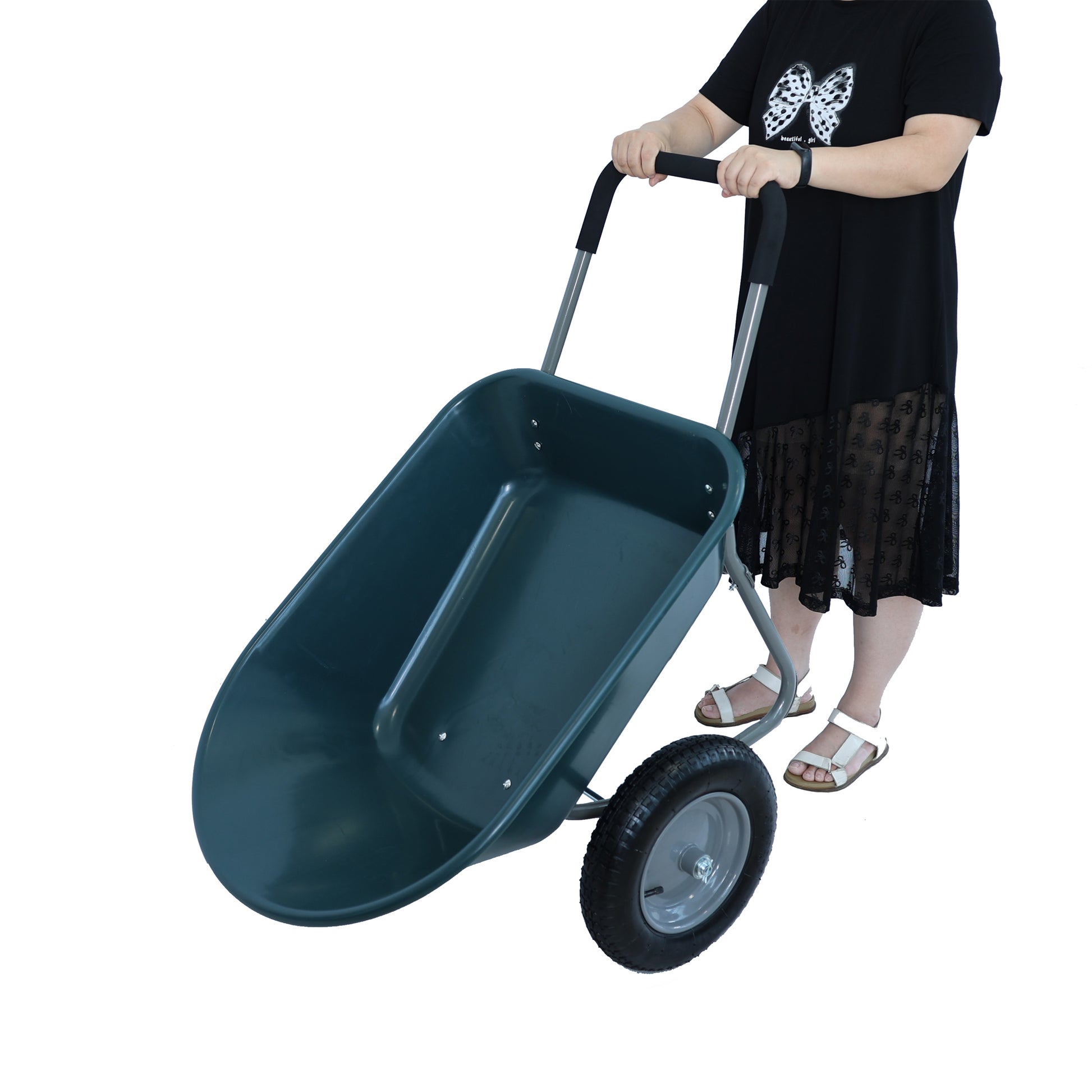 Wheel Barrow Two Wheeled Trolley For Green Garden 15 Inch Pneumatic Wheel Wb1001Gn Green Abs Steel Q235