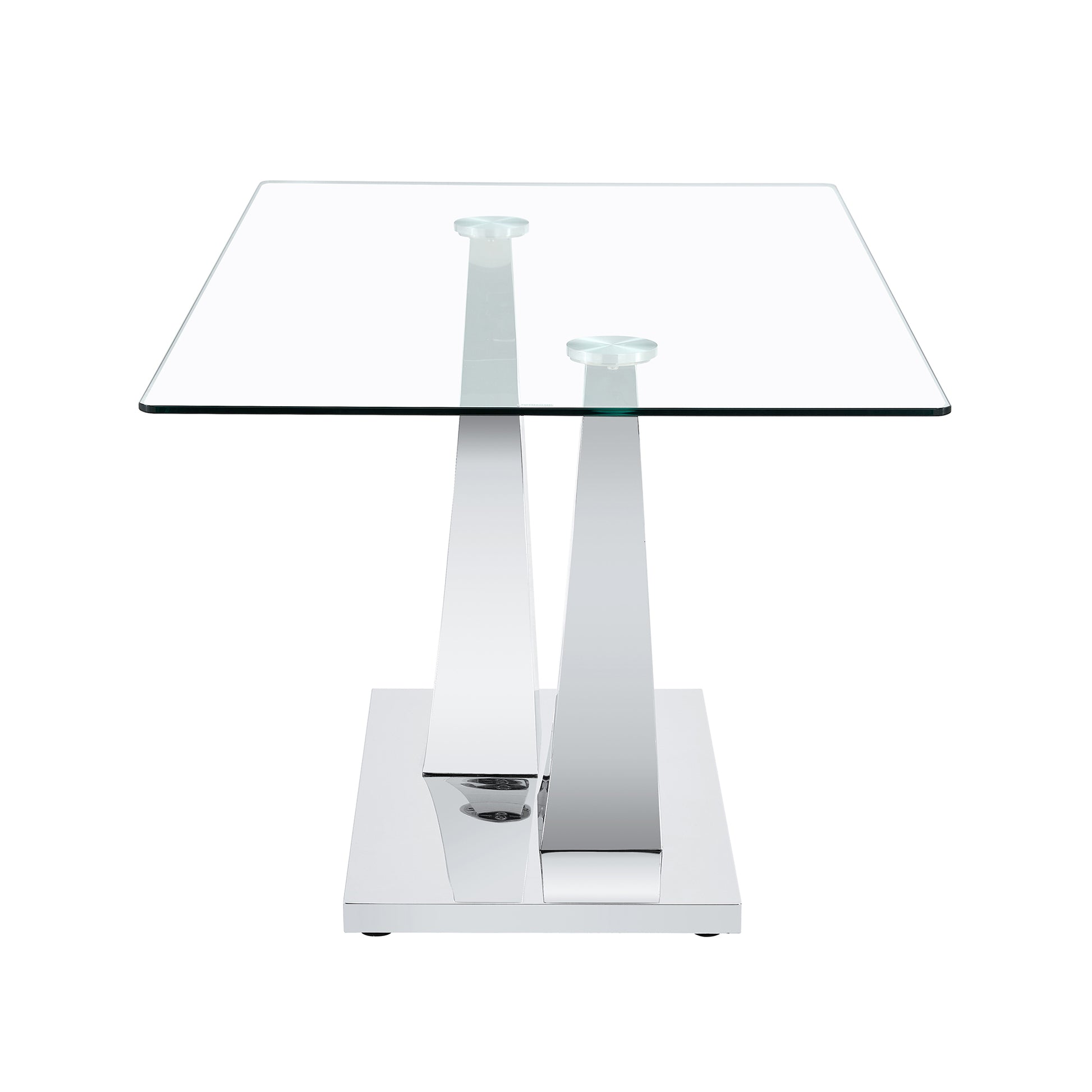 Table And Chair Set.Contemporary, Minimalist Rectangular Dining Table Featuring A Clear Tempered Glass Top And Sleek Silver Legs. Paried With Chairs Made Of Pu Material Cushion And Silver Metal Legs. Light Gray Seats 6 Glass Metal