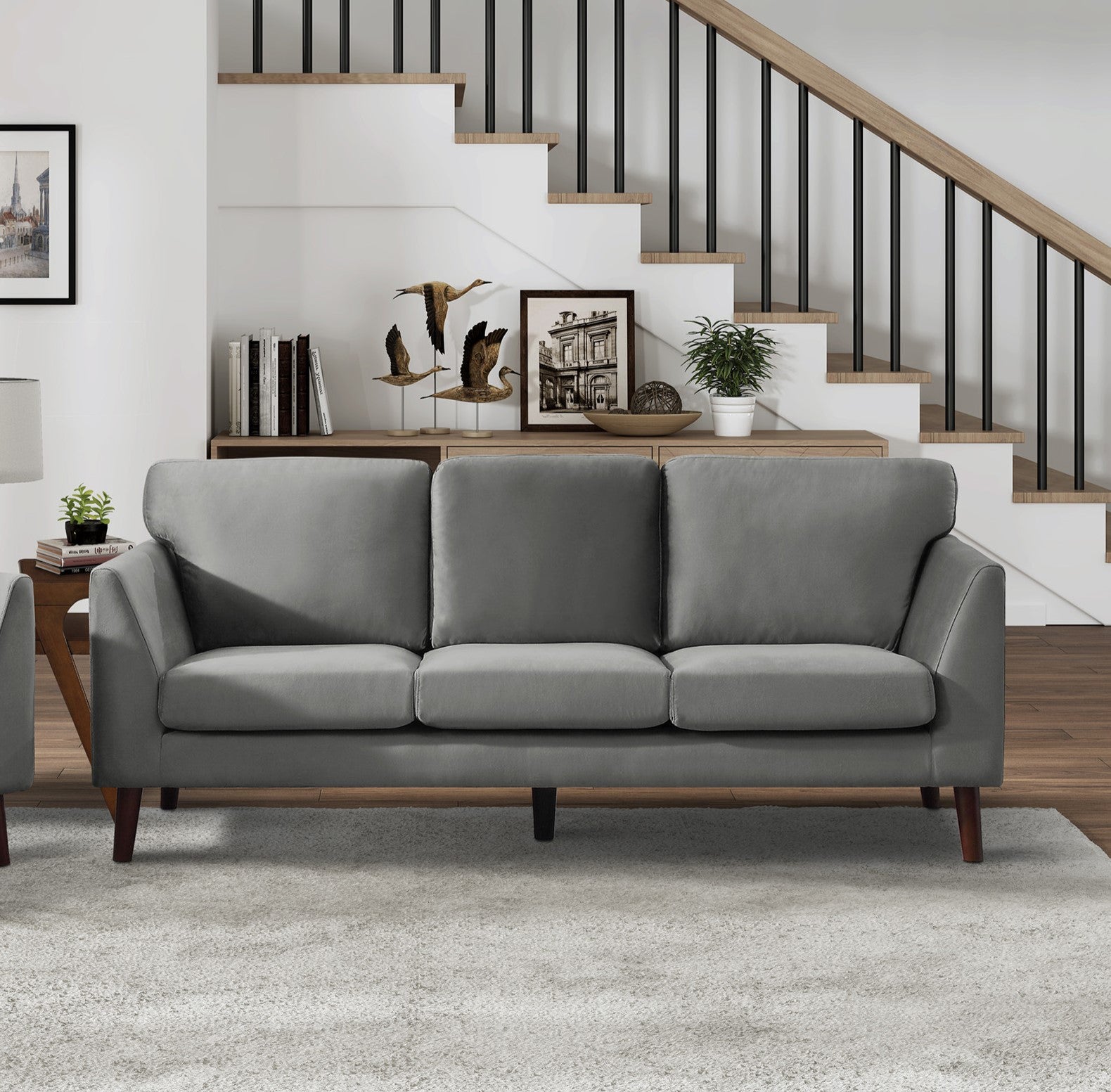 Modern Contemporary Living Room 1Pc Sofa Gray Velvet Upholstery Dark Brown Legs Solid Wood Furniture Gray Velvet Wood Primary Living Space Modern Solid Wood 3 Seat