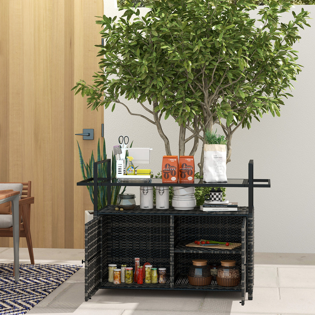 Outsunny Pe Rattan Outdoor Bar Table, Outdoor Kitchen Island With 2 Tier Shelf & Cabinet, Patio Serving Cart With Glass Top, Handles, Towel Racks For Poolside, Garden, Mixed Gray Gray Steel