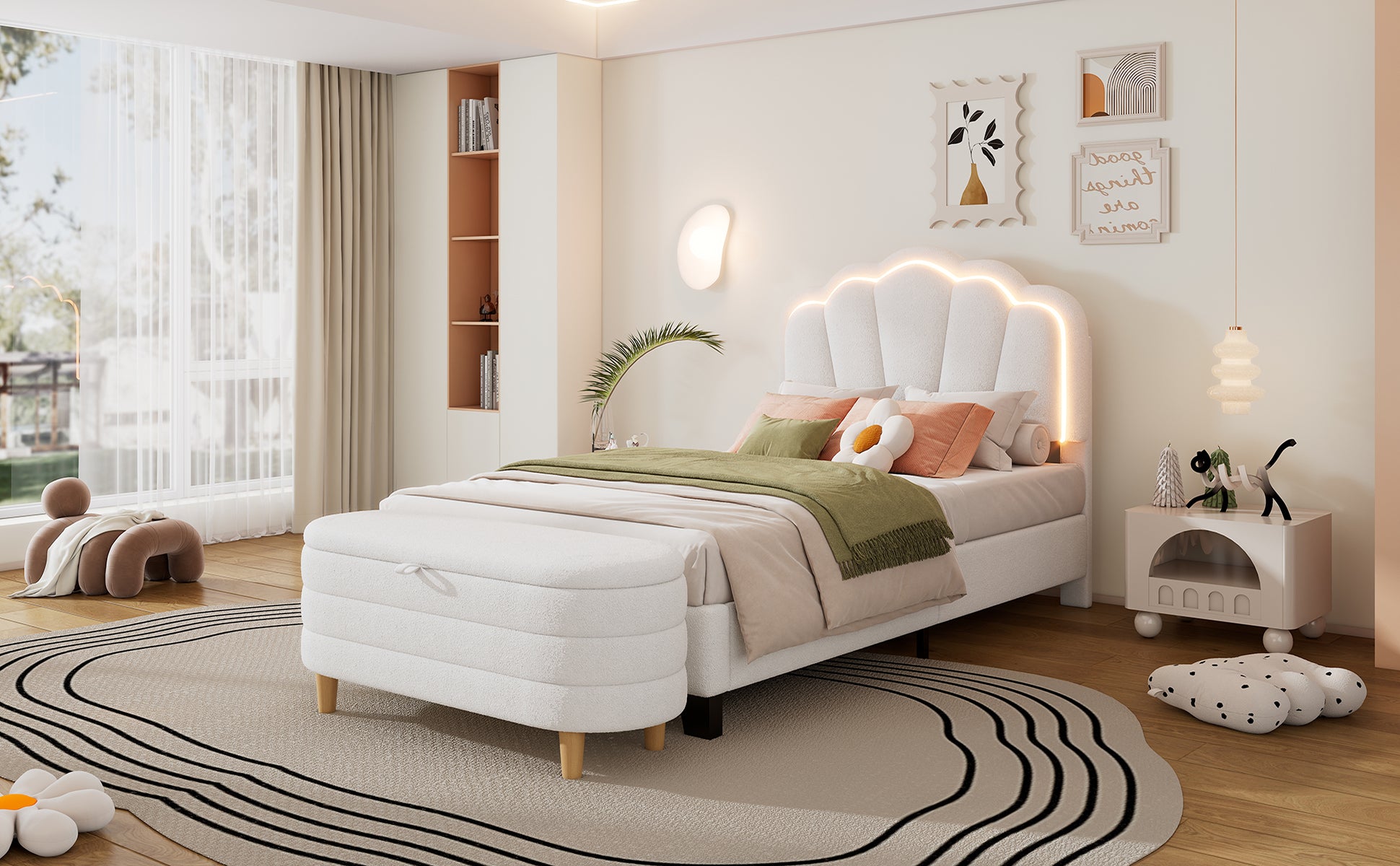 2 Pieces Bedroom Sets Twin Size Flower Shaped Upholstered Led Platform Bed With Storage Ottoman Sherpa Fabric, White Twin White 2 Piece Set Wood