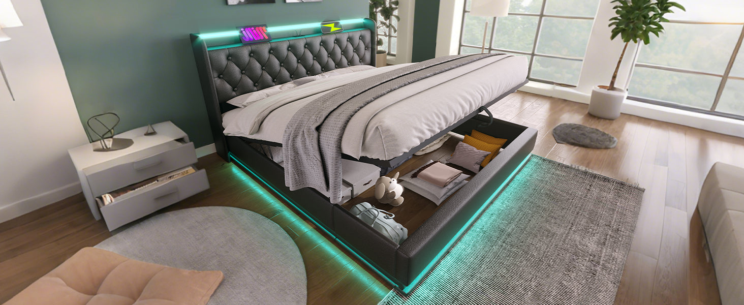 Full Size Upholstered Bed, 360 Surround Led Function, Buttons Apps Remote Control, Hydraulic Storage Bed With Usb Type C Charging, Black,Pu Without Mattress Full Black Pu