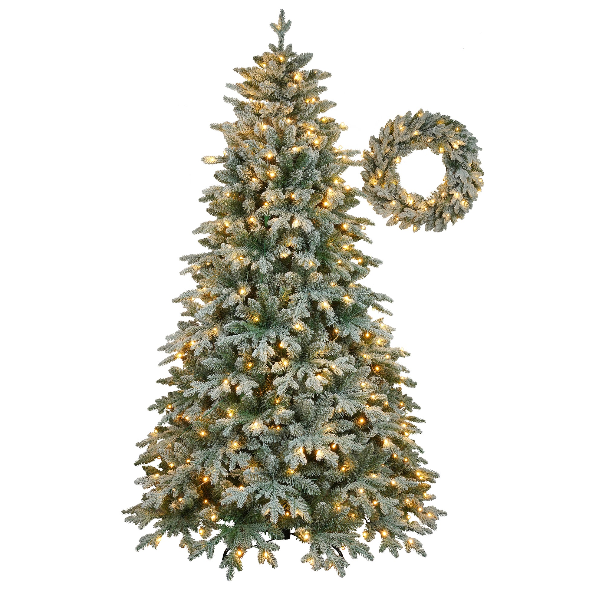 7Ft Lighted Artificial Christmas Tree With Wreath Set Of 2Christmas Tree Holiday Decoration, Creative Decorated Trees, Xmas Tree Christmas Decorations For Christmas Green Pvc