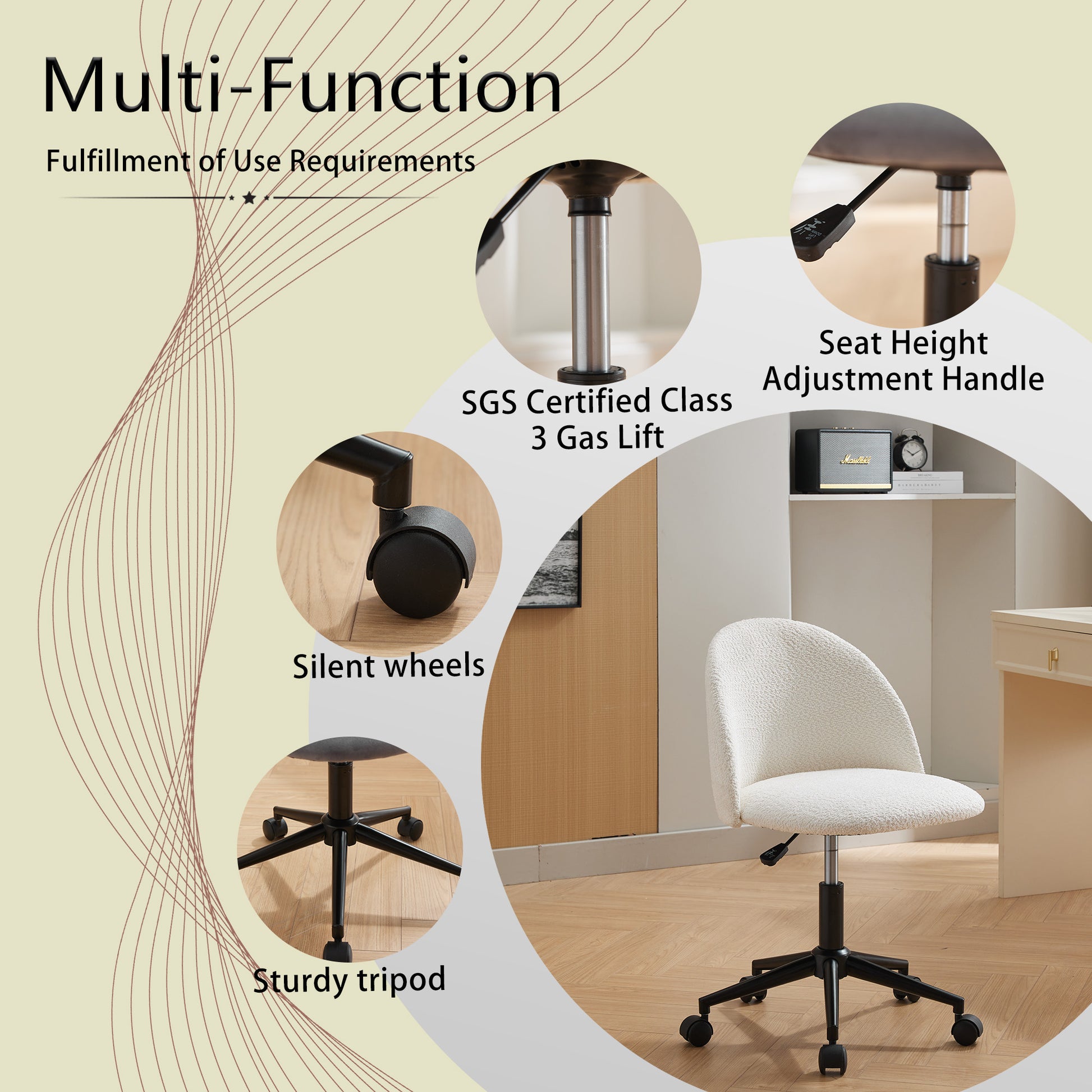 White Boucle Office Chair Desk Chair, Mid Back Adjustable Swivel Computer Chair With Black Legsmodern Upholstered Desk Chair With Wheels White Black Foam Polyester Blend