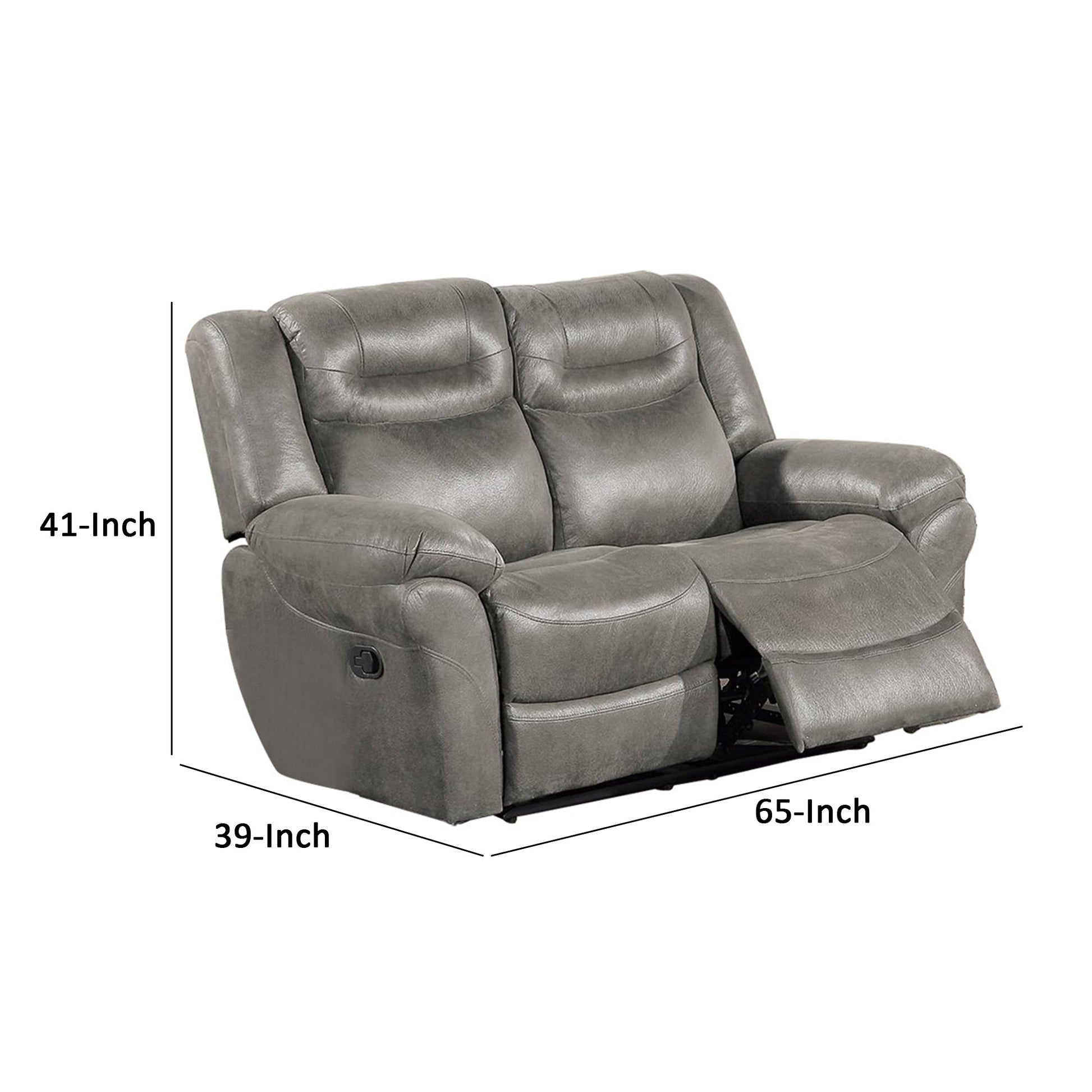 Betty 65 Inch Manual Reclining Loveseat Chair, Pull Tab Mechanism, Gray Gray Faux Leather