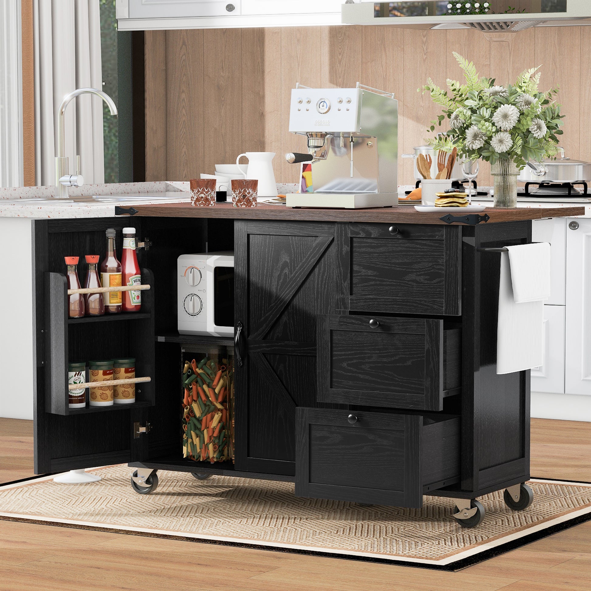 K&K 54.5" Farmhouse Kitchen Island With Power Outlet, Kitchen Storage Island With Internal Storage Rack, Drop Leaf, Spice Rack, Rolling Kitchen Cart On Wheels, For Home, Kitchen And Dining