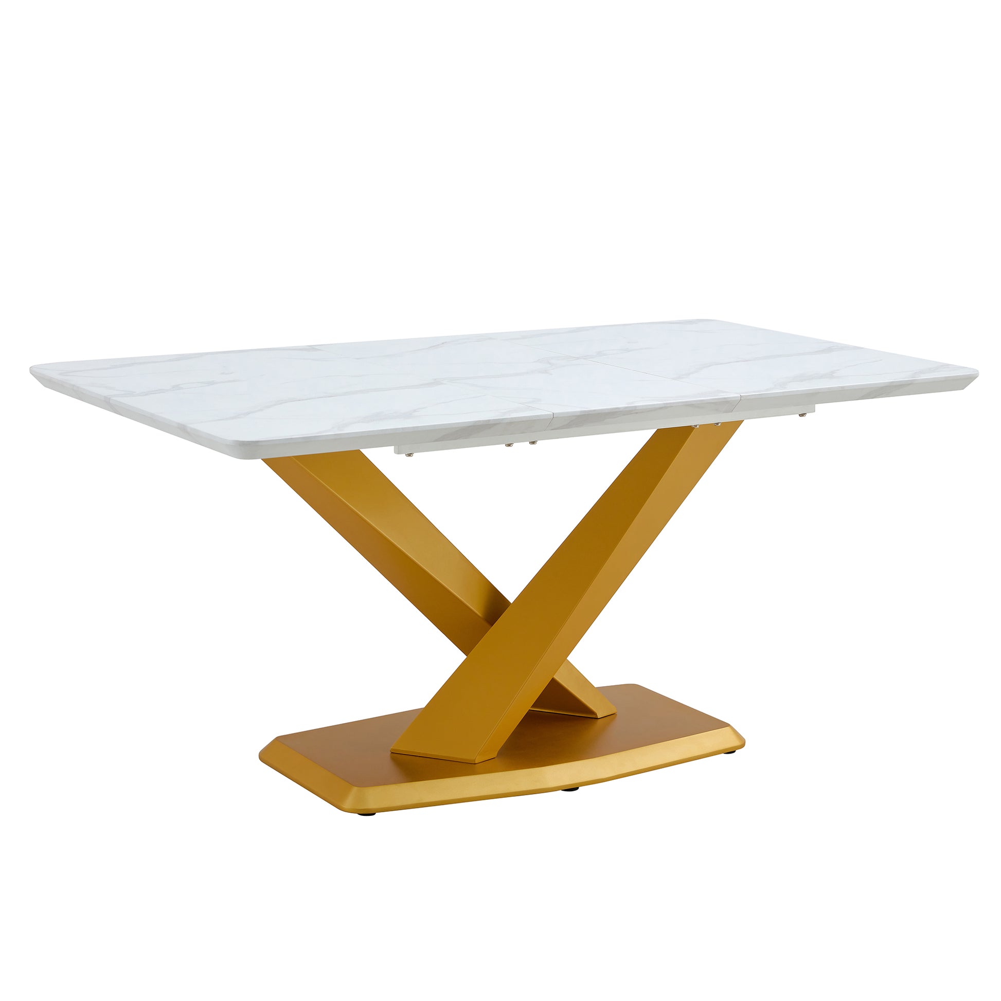 Table And Chair Set, The Table Is Equipped With A Marble Patterned Mdf Tabletop And Gold Table Legs.Dining Chairs,Gold Legged Upholstered Chairs Made Of Artificial Leather. Black Gold Seats 6 Mdf