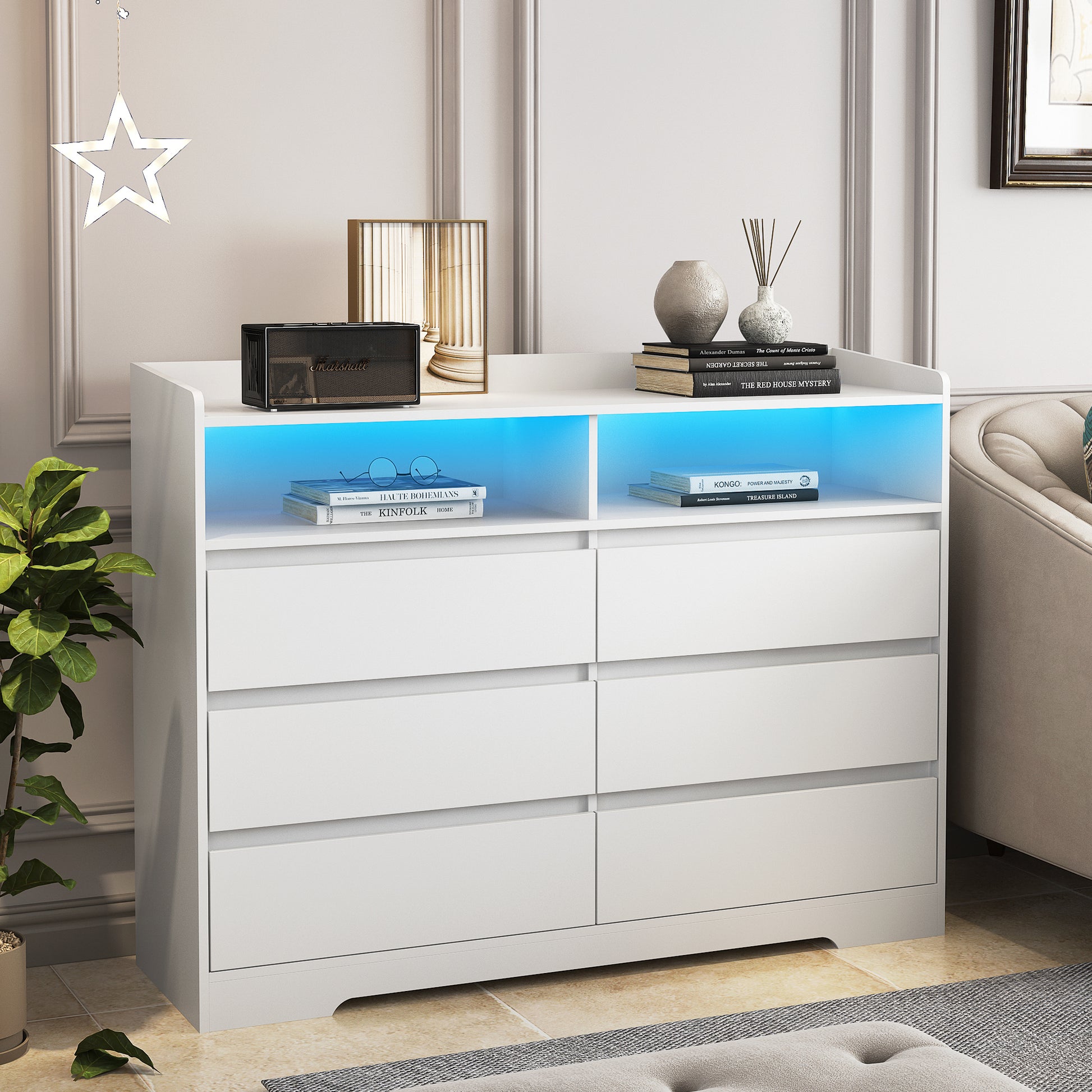 6 Drawer Dresser, White Dresser For Bedroom With Led Lights, Modern Dressers & Chests Of Drawers With Sturdy Frame For Living Room, Entryway, Hallway White Mdf