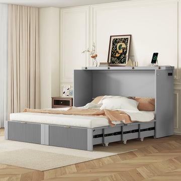 Queen Size Murphy Bed Wall Bed With Drawer And A Set Of Sockets & Usb Ports, Pulley Structure Design, Gray Queen Gray Plywood