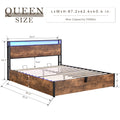 Lift Up Storage Bed Frame, Queen Size Bed Frame With Bookcase Headboard & Led Lights, Wooden Platform Bed Frame With Charging Station, No Spring Box Needed, Rustic Brown Box Spring Not Required Queen Rustic Brown Metal Brown Bedroom Industrial Bed Frame