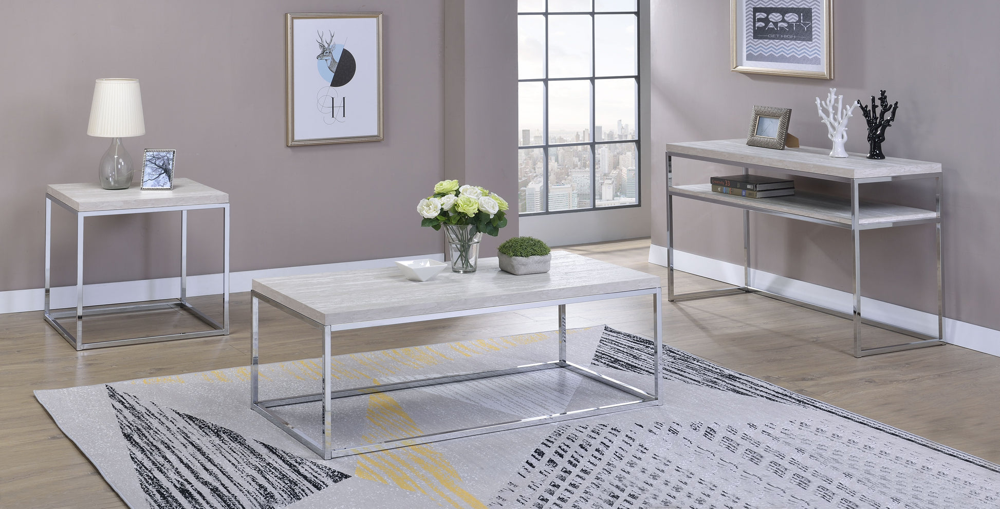 Light Oak And Chrome End Table With Open Base Chrome,Light Oak Primary Living Space Square Wood Metal Sled