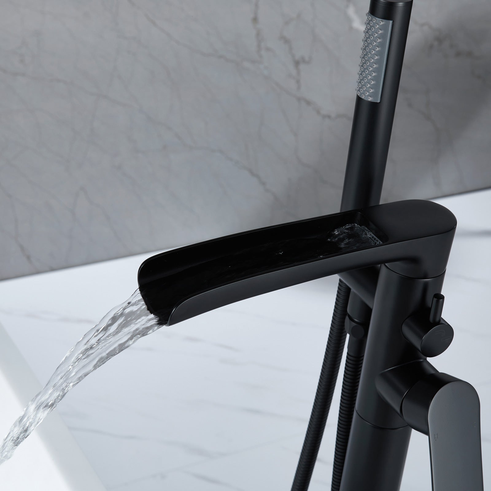 Matte Black Freestanding Floor Mount Bathtub Filler With Single Handle And Hand Shower Matte Black Brass