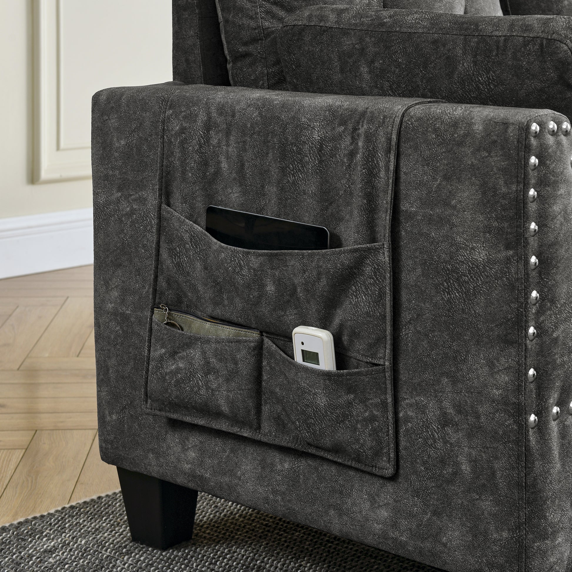 Sectional 3 Seaters Sofa ,Double Sided Multi Functional Footstool, Storage Matnon Slip Leg, Two Pillows, Velvet, Dark Grey Dark Grey Velvet 3 Seat