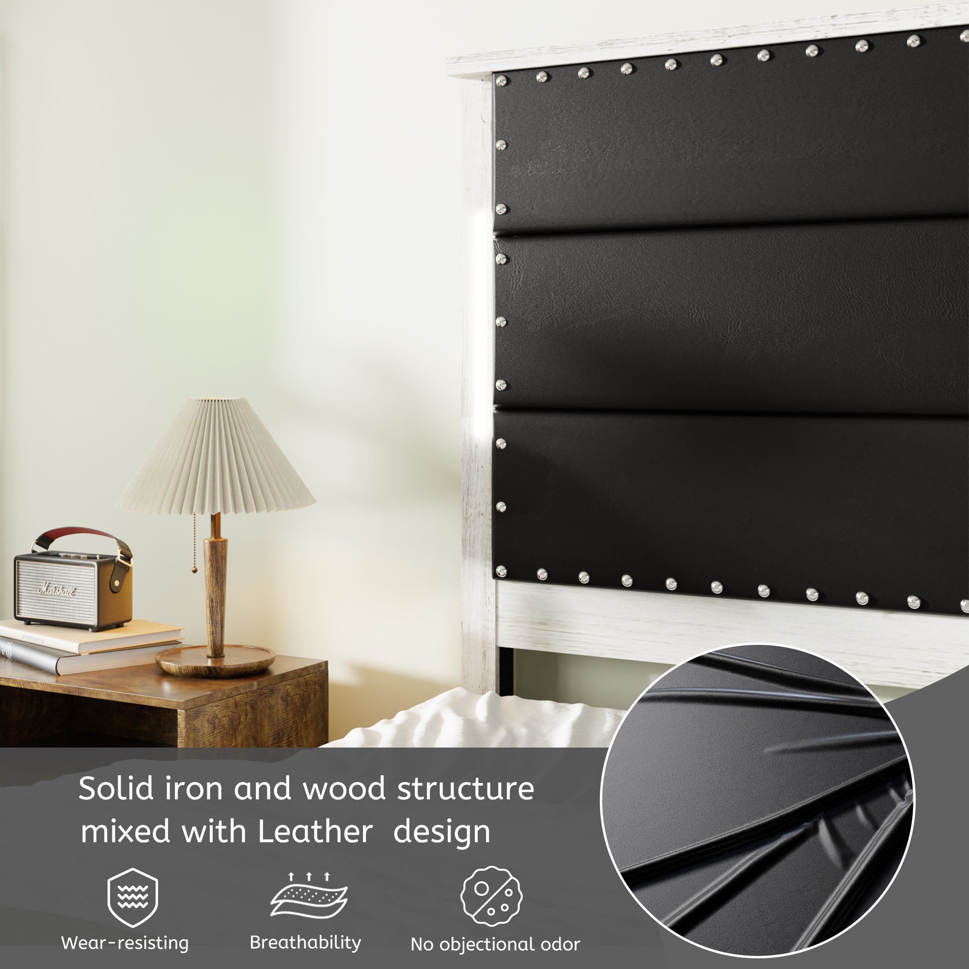 Queen Size Bed Frame With Upholstered Headboard, Queen Bed Frame With Charging Station And Led Lights, Wood Slats, Dark Gray Faux Leather & Rivets, No Box Spring Needed, Easy Assembly Box Spring Not Required Queen Antique White Gray Wood Bedroom Bed