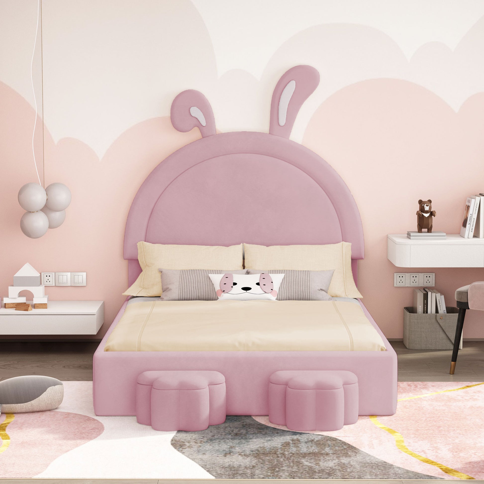 Full Size Upholstered Rabbit Shape Bed With 2 Storage Stools, Velvet Platform Bed With Cartoon Ears Shaped Headboard, Pink Full Pink Wood