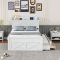 Full Size Wooden Bed With Storage Headboard With Outlets, Extendable Bed With Twin Size Trundle With Three Storage Drawers,White Full White Wood