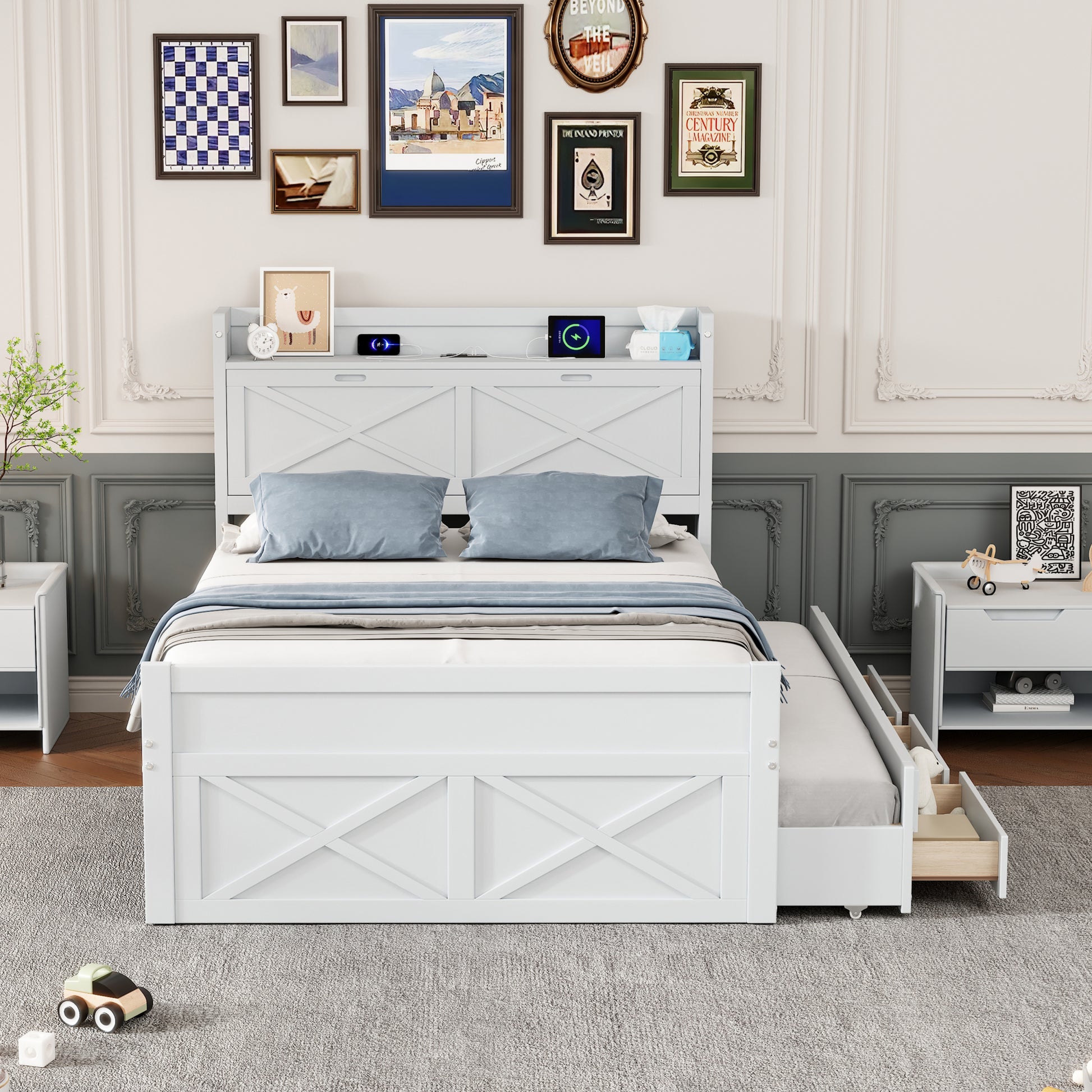 Full Size Wooden Bed With Storage Headboard With Outlets, Extendable Bed With Twin Size Trundle With Three Storage Drawers,White Full White Wood