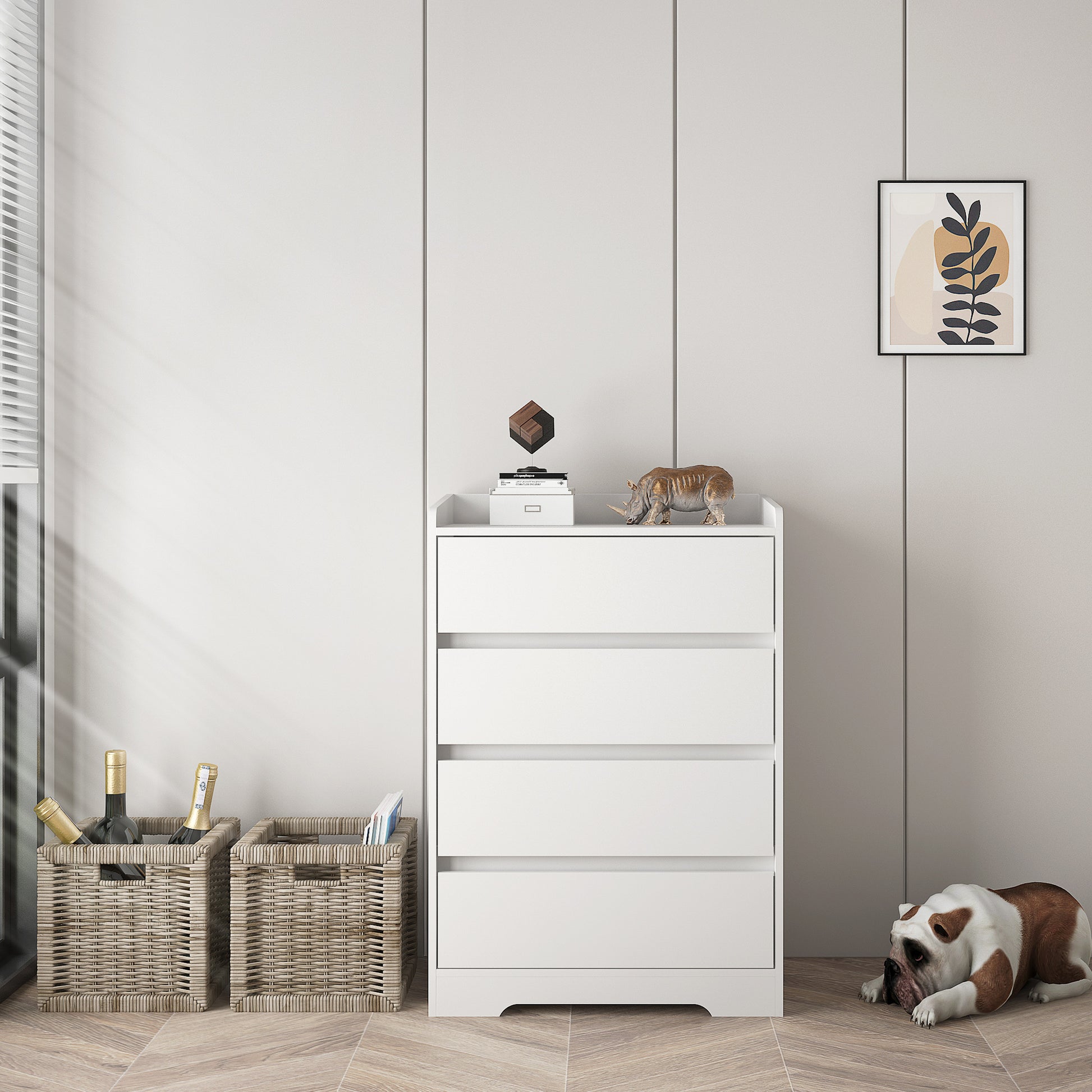 4 Drawer Dresser, Chest Of Drawers Without Handle, White Dresser For Bedroom 100% Waterproof, Modern Wooden Cabinet With Sturdy Frame For Living Room, Entryway, Bedroom, Hallway, Office White Mdf