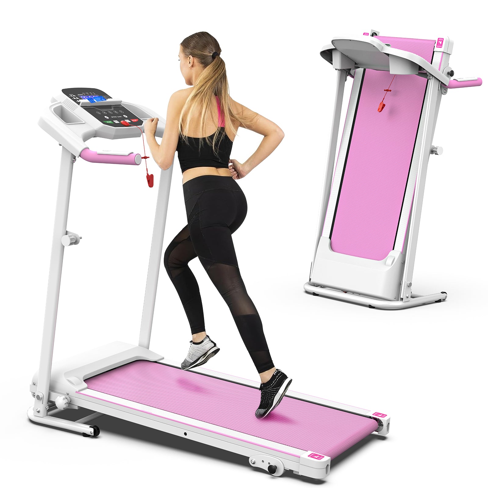 Foldable Treadmill 2.5Hp Electric Folding Treadmill Running Walking Machine For Home Gym, Max 265 Lbs Weight Capacity Pink White Steel