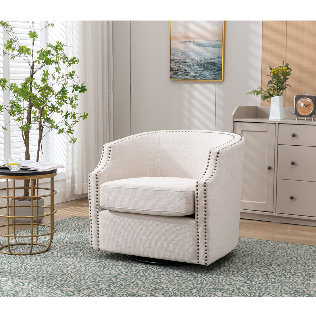 Coolmore Swivel Chair Living Room Chair Beige Foam Linen