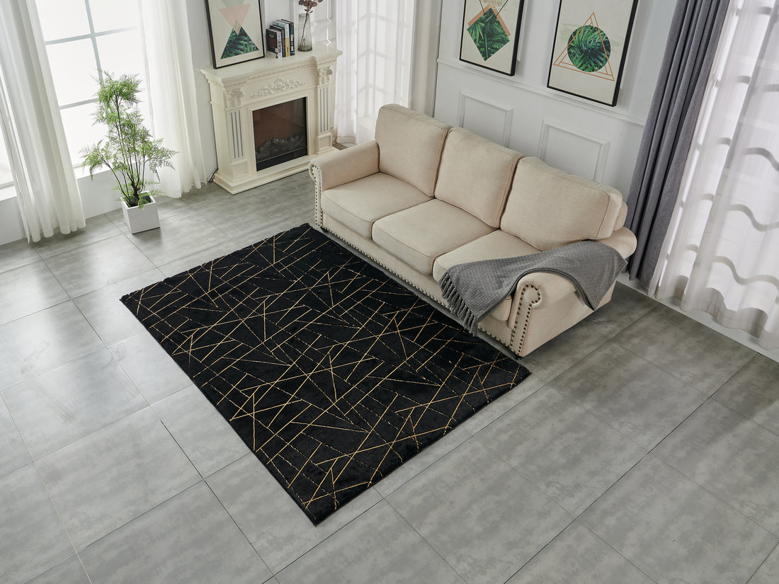 Luxury Machine Washable Black Geometric Abstract Gold Gilded Chinchilla Faux Fur Area Rug Black Gold Polyester