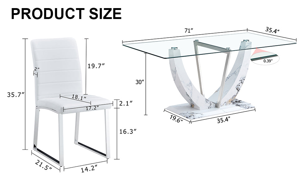 Table And Chair Set, Large Modern Rectangular Glass Table, Can Accommodate 6 8 People, Equipped With A 0.39 Inch Tempered Glass Tabletop And Mdf Table Legs.Paired With Comfortable And Soft Chairs.