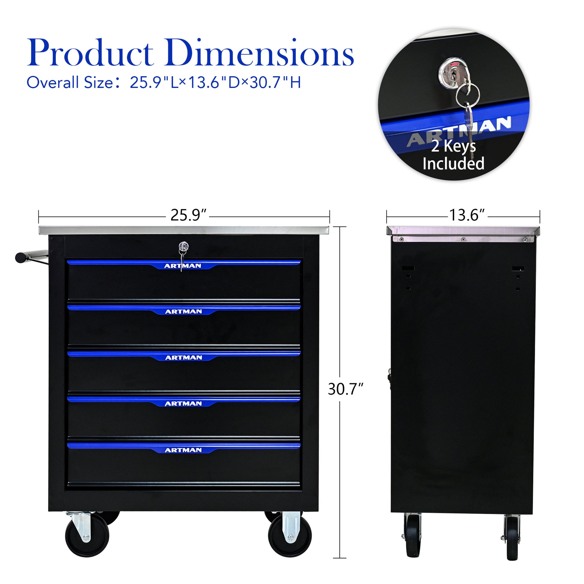 5 Drawers Multifunctional Tool Cart With Wheels Black Blue Black Blue Metal