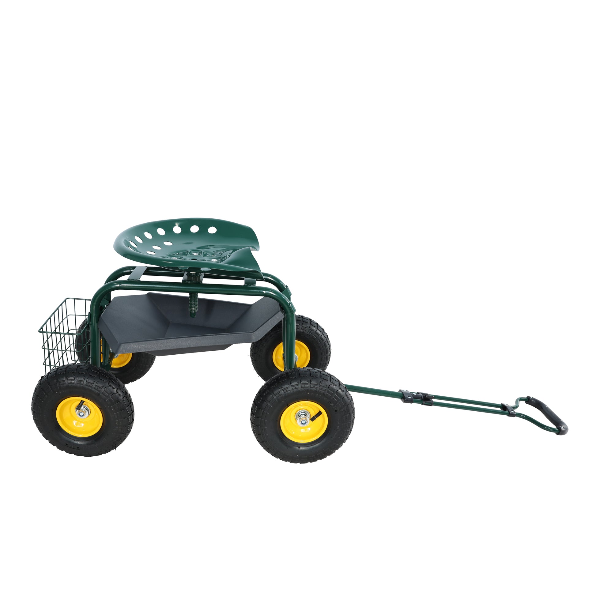 Garden Trolley Rolling Work Chair With Wheels, Garden Stool For Planting, 360 Degree Swivel Seat, Station Wagon Scooter With Steering Handle And Utility Tray, For Yard And Outdoors, Green Green Garden & Outdoor Iron