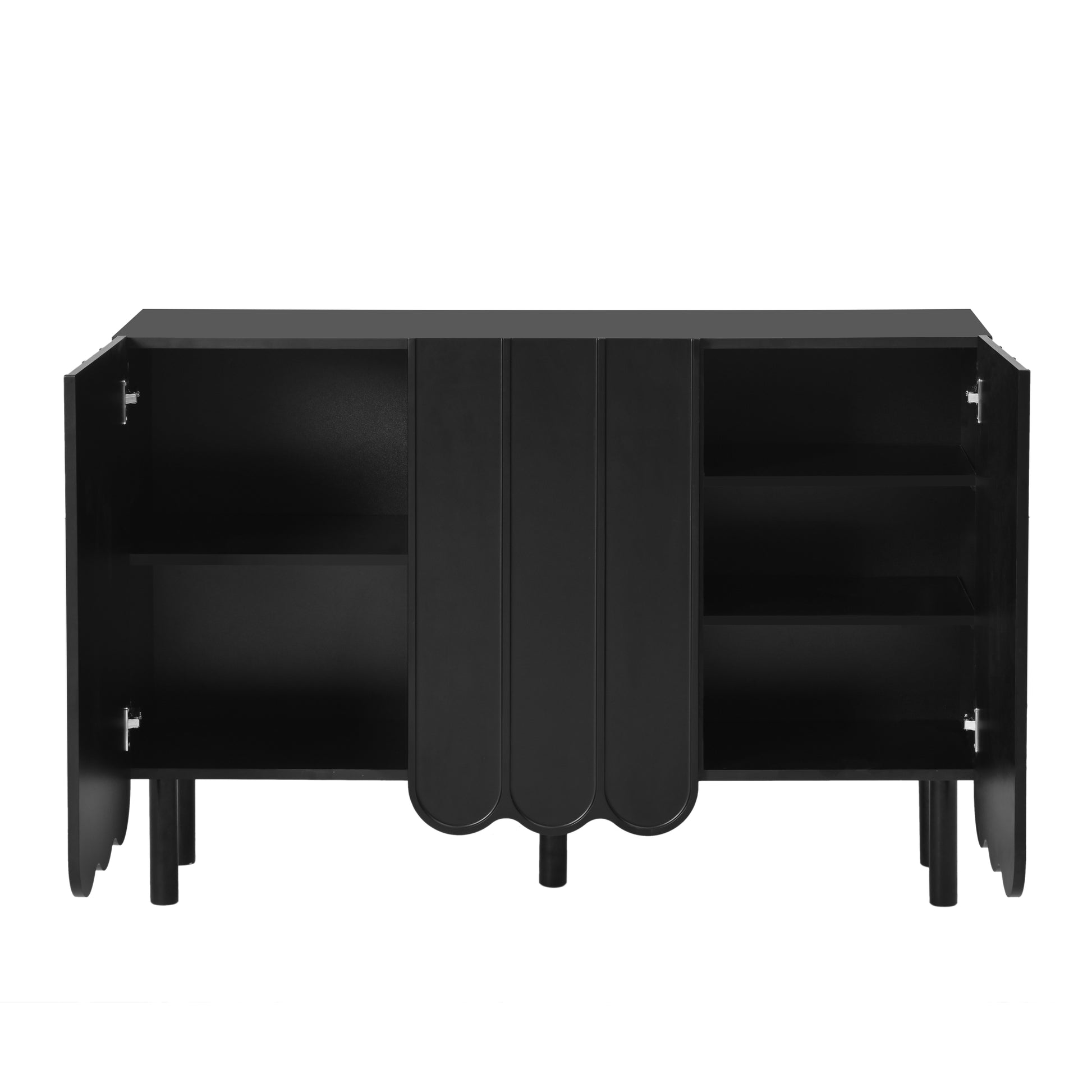 Cream Style Minimalist Shoe Cabinet With 5 Solid Wood Legs, Sideboard Buffet Cabinet With Adjustable Shelves, Large Storage Cabinet With Wave Doors For Living Room, Black Black Mdf