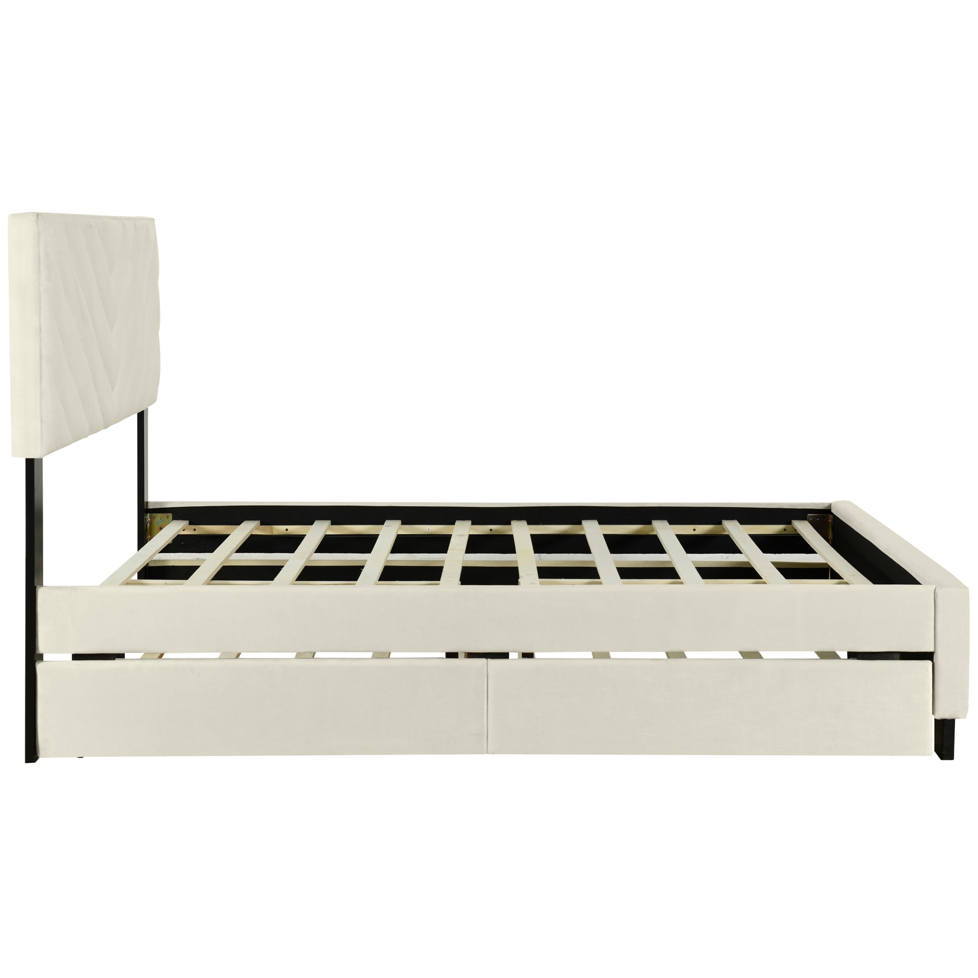 Queen Size Upholstered Platform Bed With Twill Headboard, Pullout Bed And Two Drawers, Flannel, Beige Queen Beige Mdf Lvl