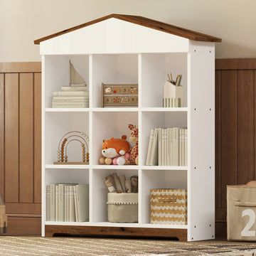 House Shaped Storage Rack With Nine Storage Compartments, Three Layer Bookshelf With Colorblock Design, White Brown Brown White Particle Board